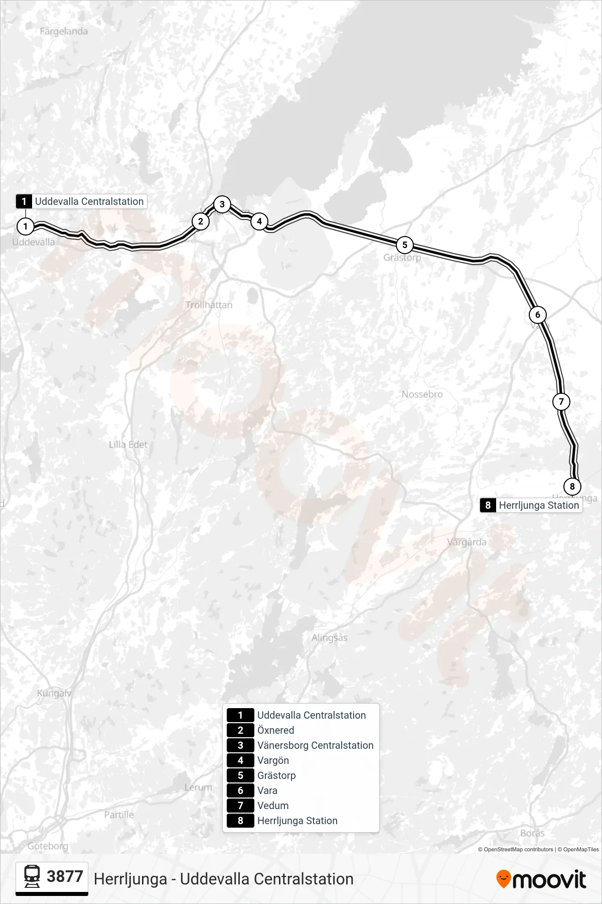 Rutt och hållplatser på karta för linje 3877  spårvagn, (Herrljunga Station)