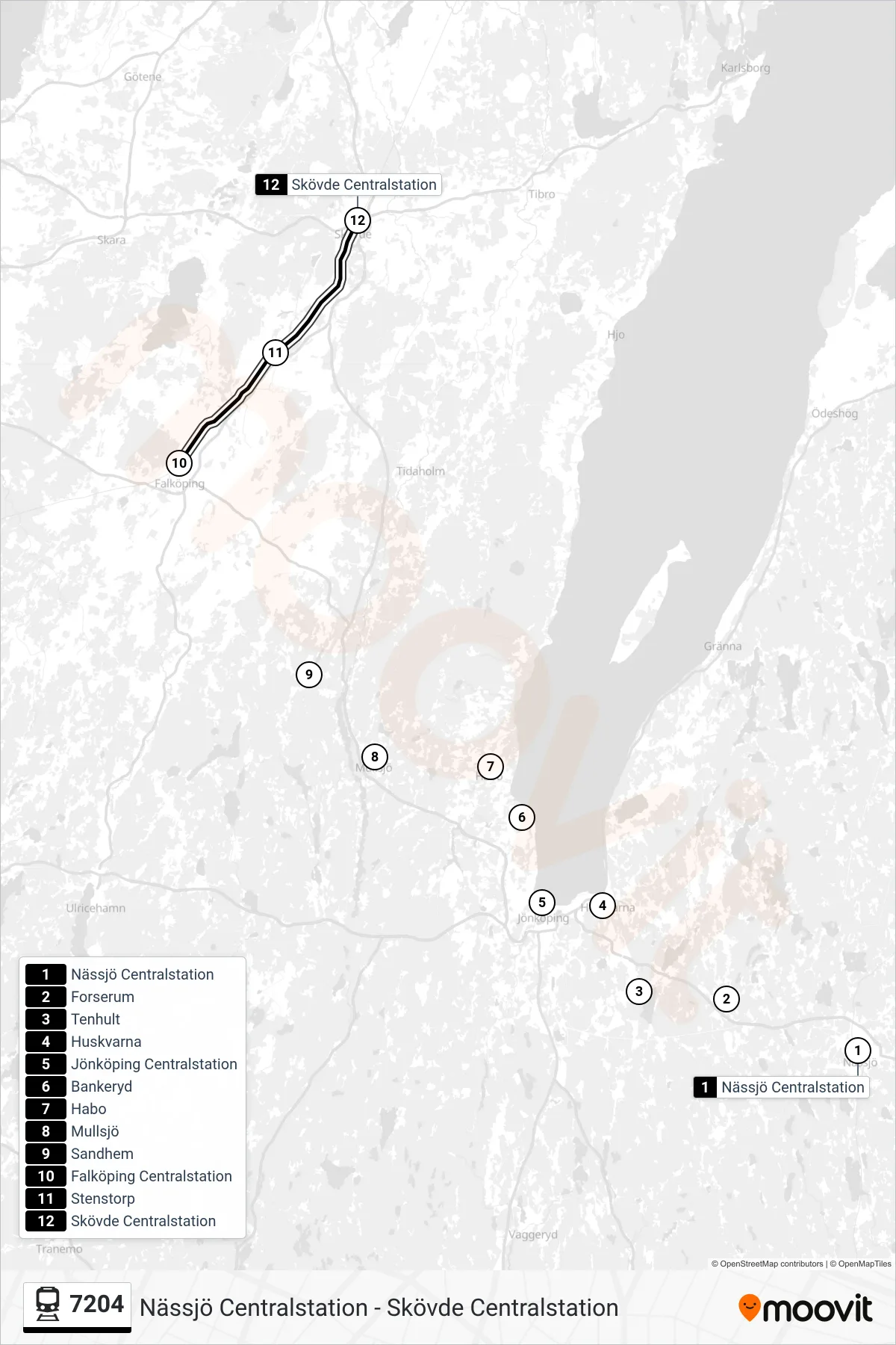 Rutt och hållplatser på karta för linje 7204  spårvagn, (Skövde Centralstation)