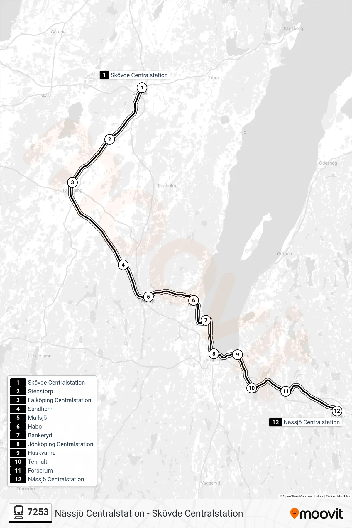 Rutt och hållplatser på karta för linje 7253 spårvagn, (Nässjö Centralstation)