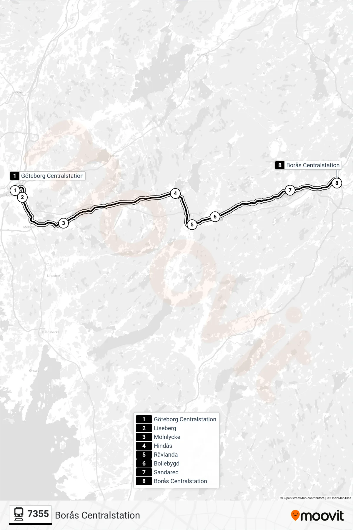 Rutt och hållplatser på karta för linje 7355  spårvagn, (Borås Centralstation)