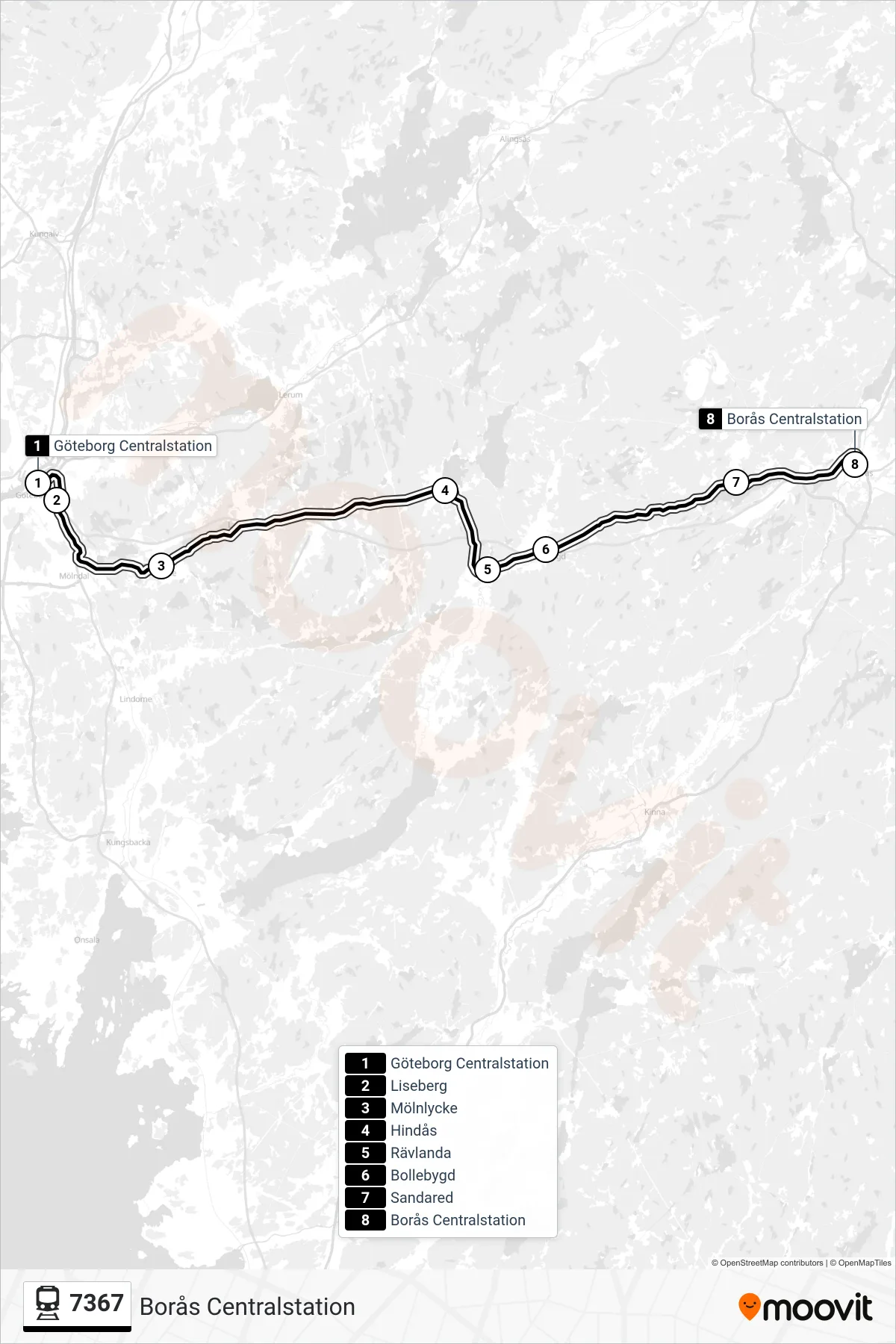 Rutt och hållplatser på karta för linje 7367 spårvagn, (Borås Centralstation)