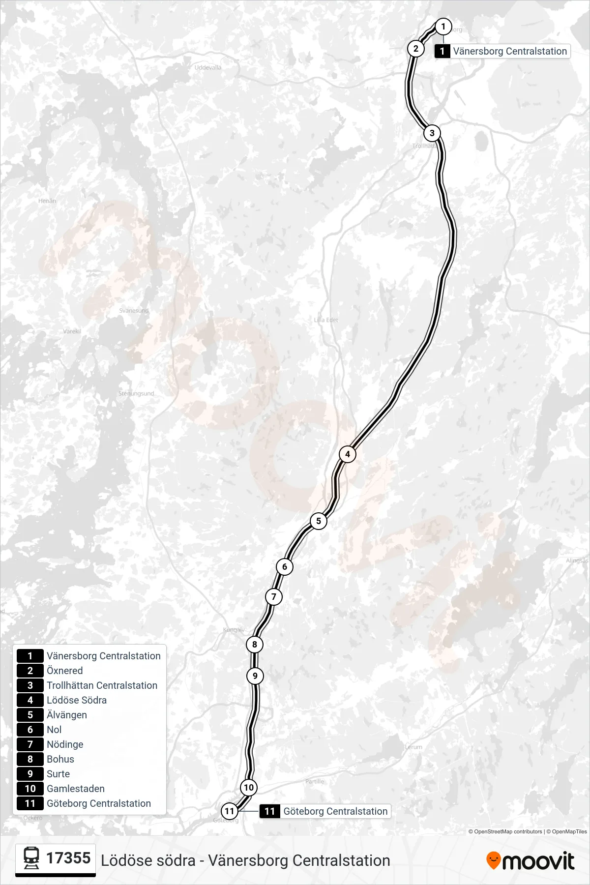 Rutt och hållplatser på karta för linje 17355 spårvagn, (Göteborg Centralstation)
