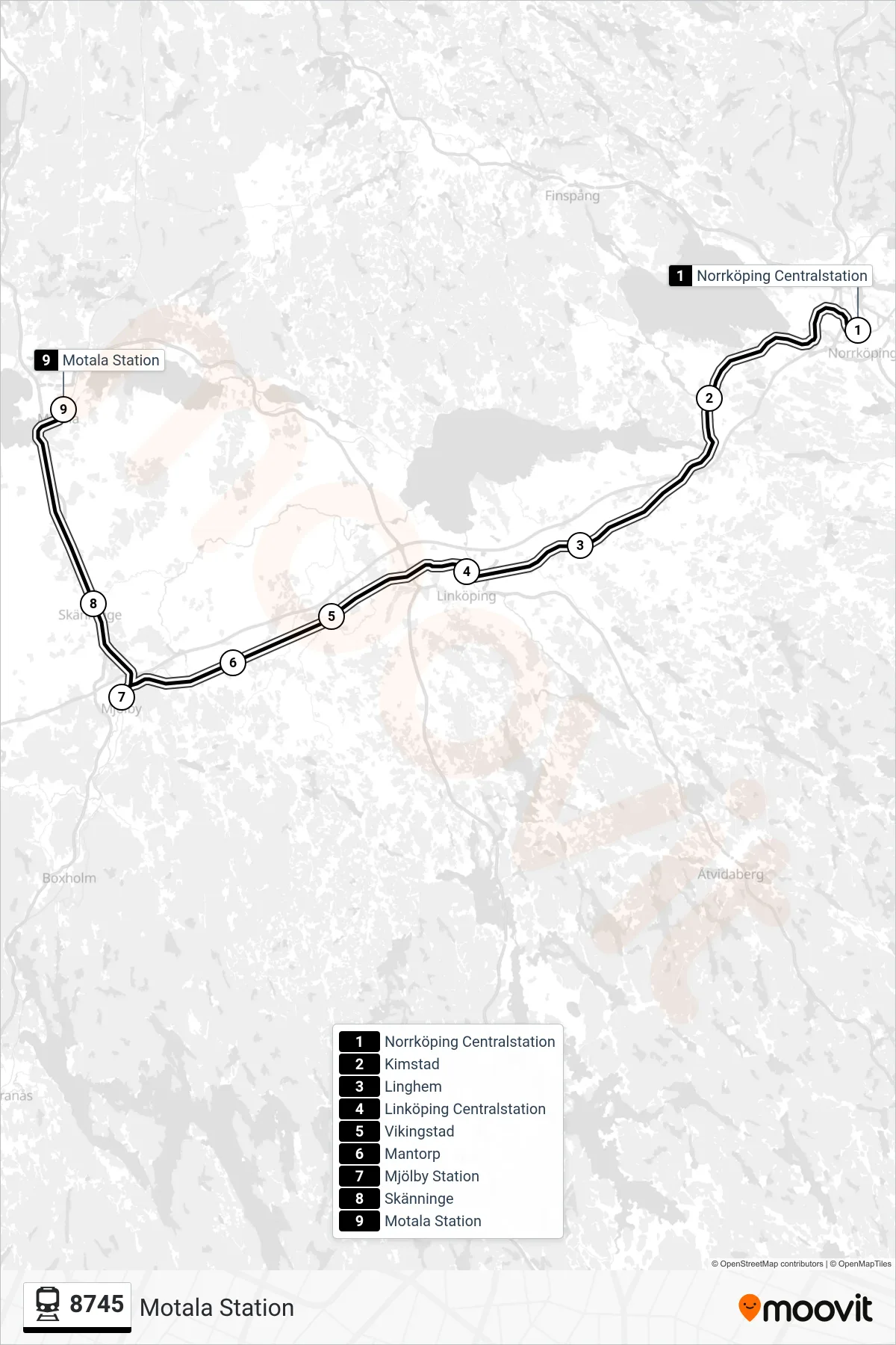 Rutt och hållplatser på karta för linje 8745  tåg, (Motala Station)