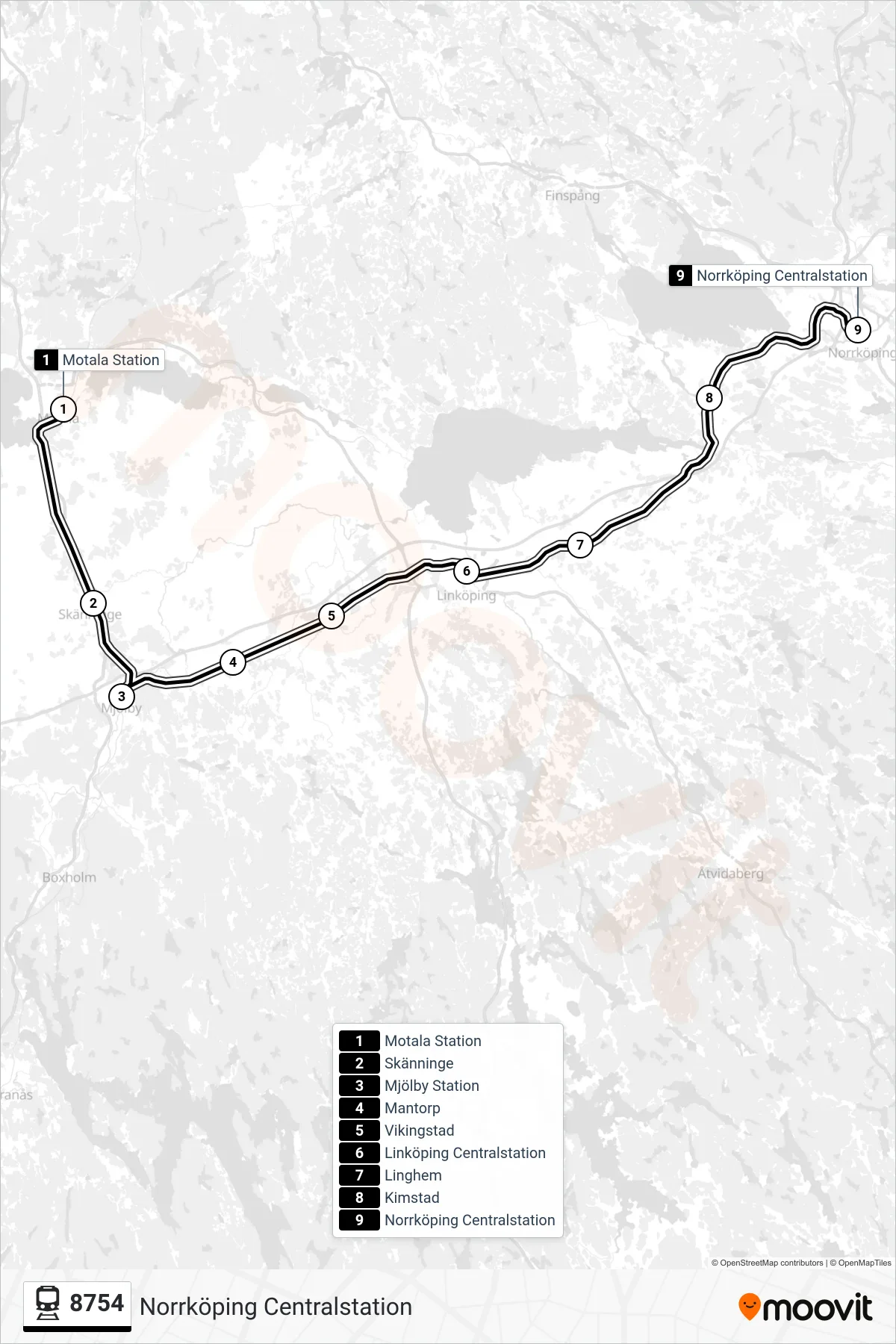 Rutt och hållplatser på karta för linje 8754 tåg, (Norrköping Centralstation)