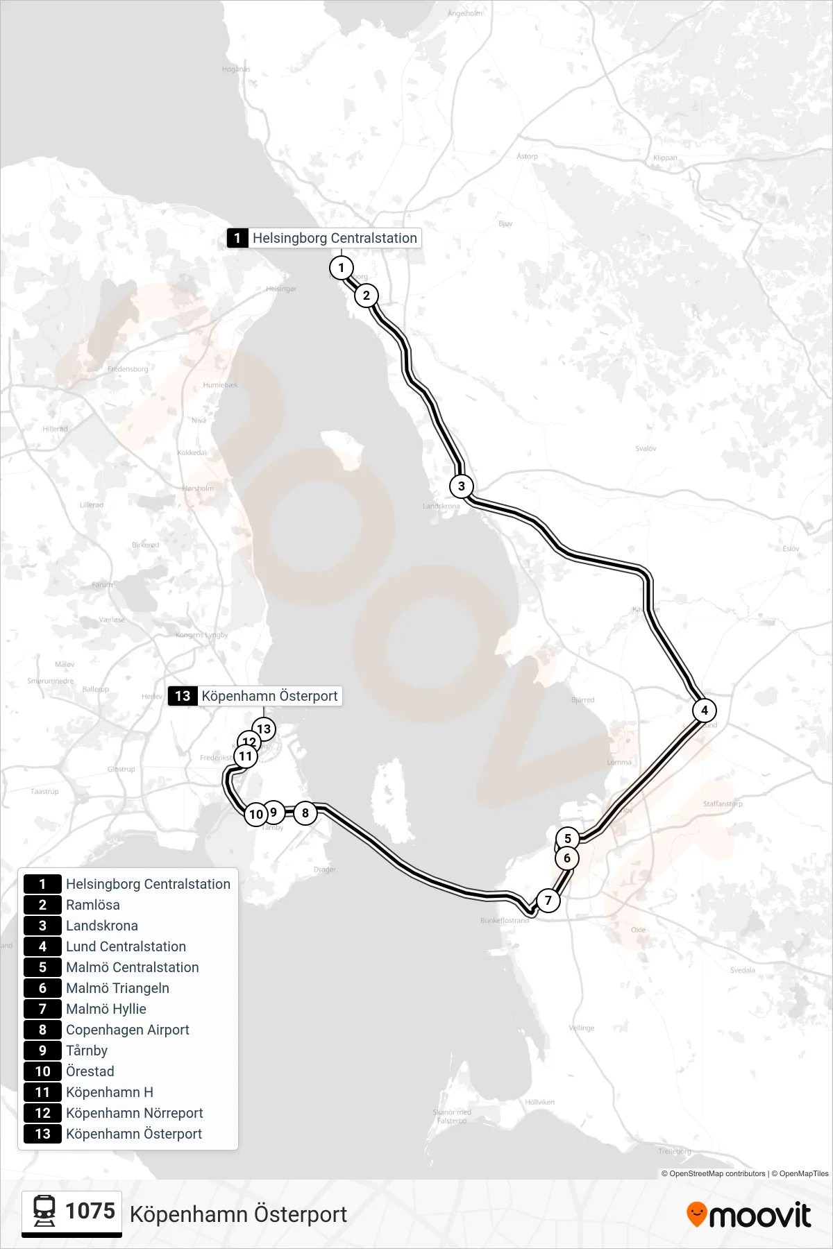 Rutt och hållplatser på karta för linje 1075  spårvagn, (Köpenhamn Österport)