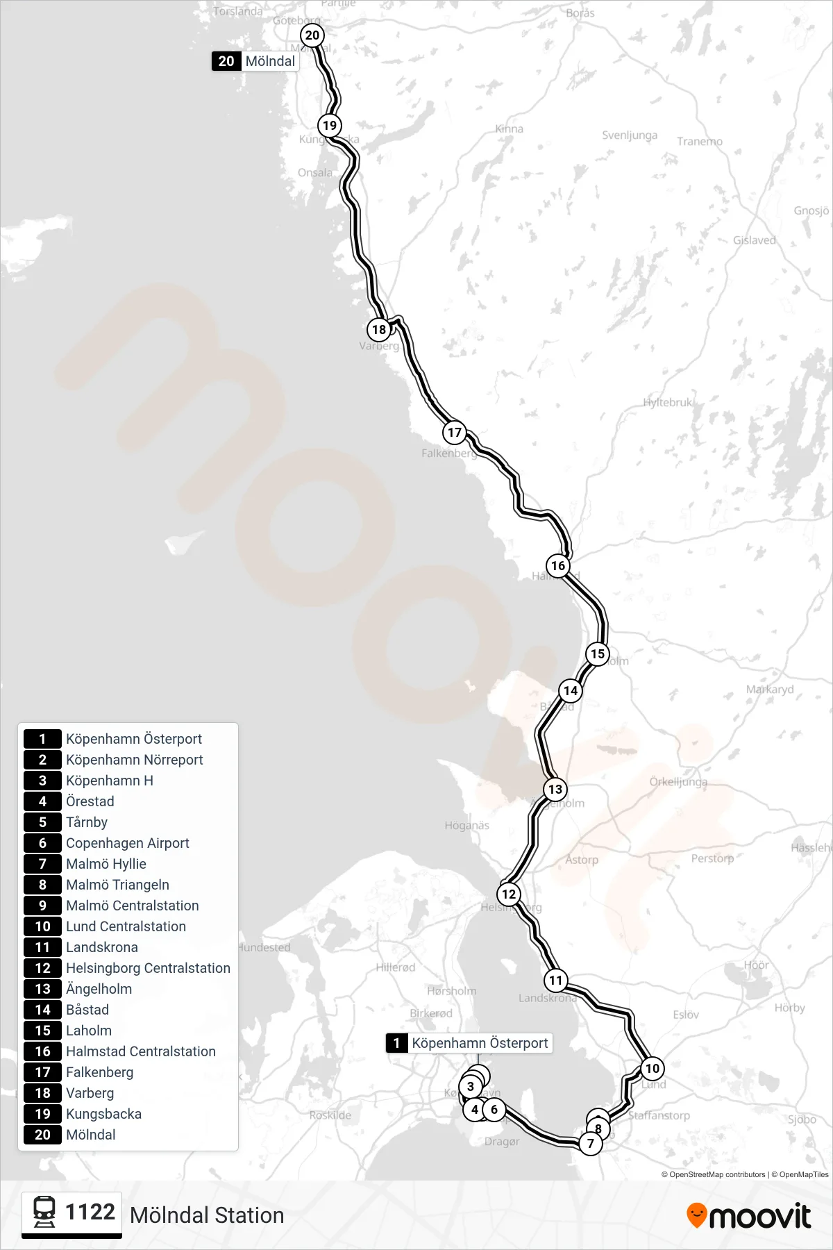 Rutt och hållplatser på karta för linje 1122  spårvagn, (Mölndal Station)