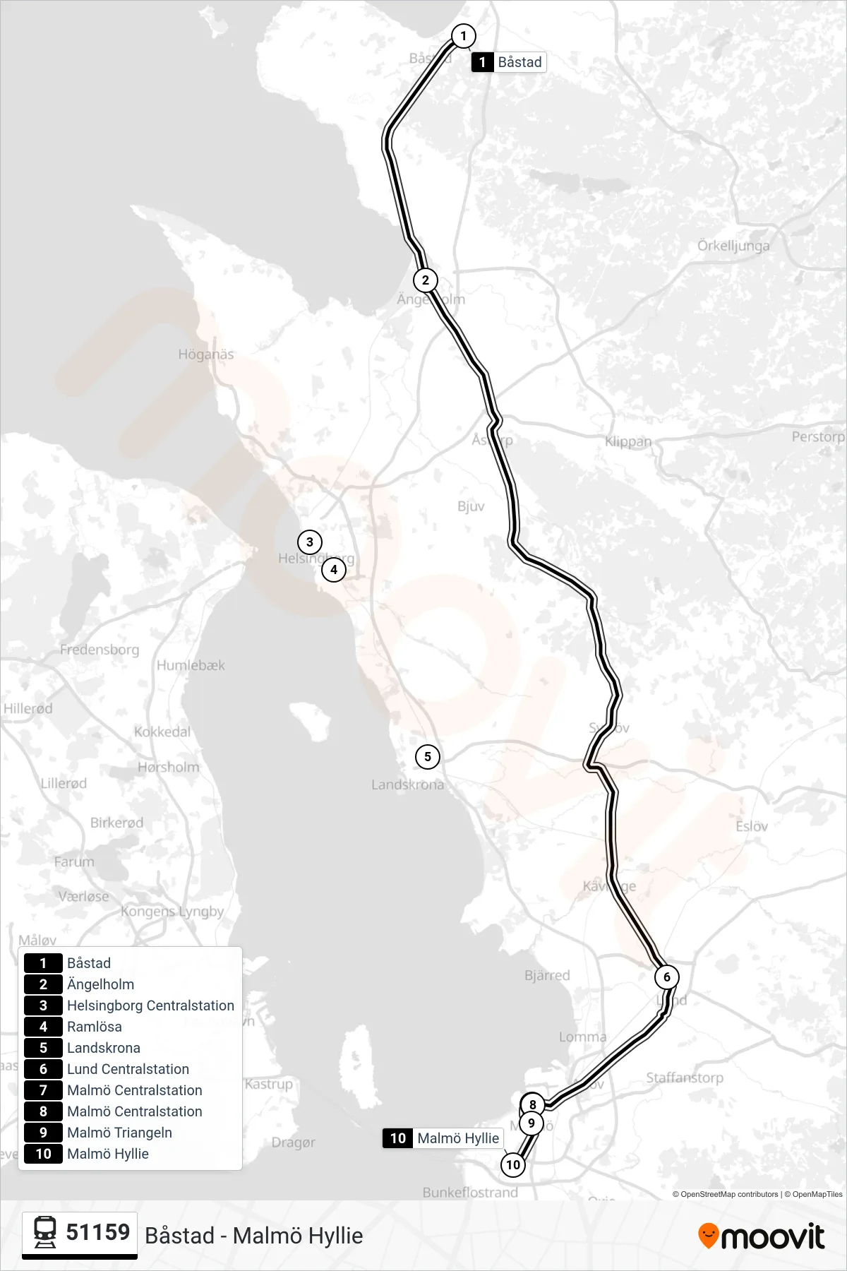 Rutt och hållplatser på karta för linje 51159 spårvagn, (Malmö Hyllie Station)