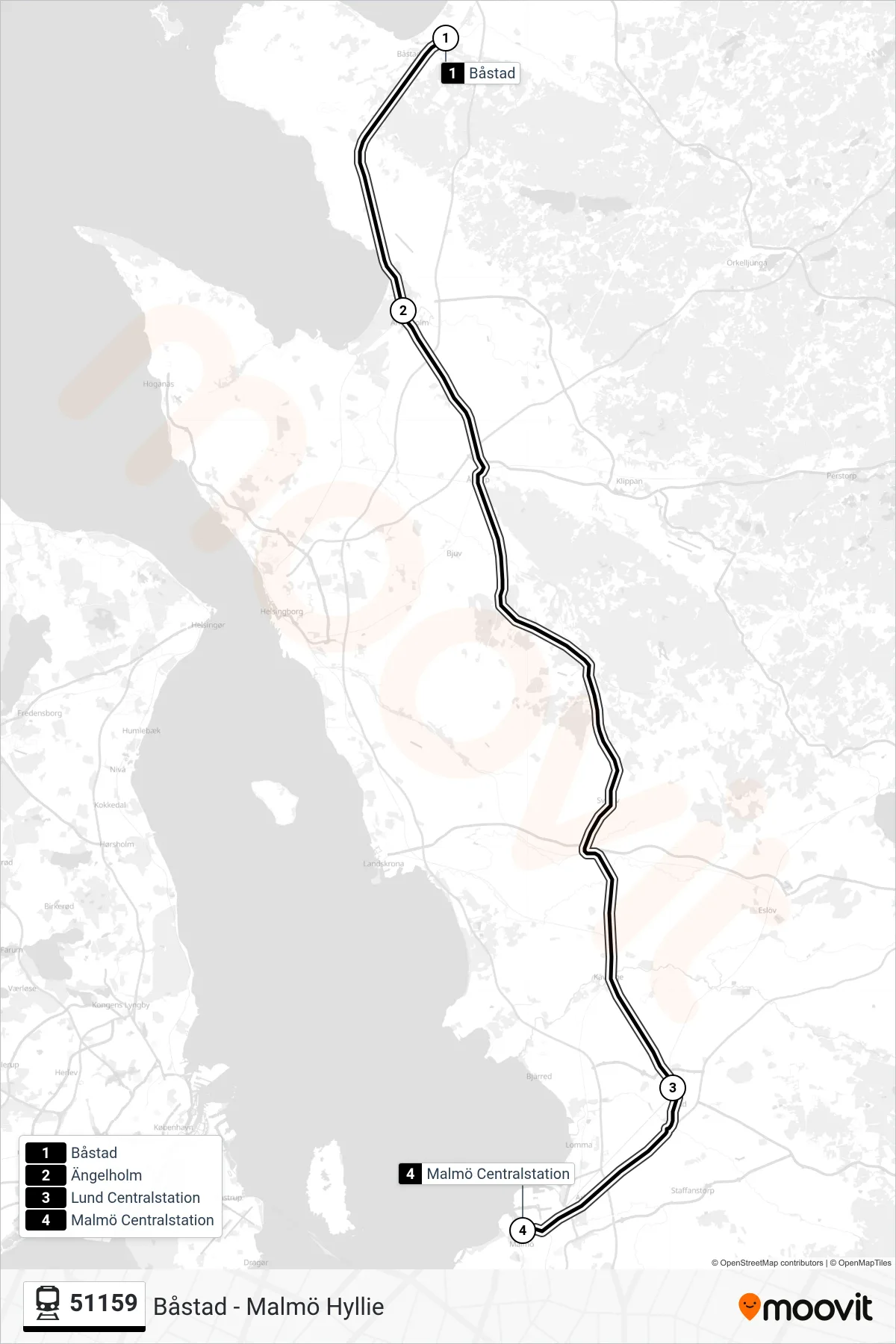Rutt och hållplatser på karta för linje 51159  spårvagn, (Malmö Centralstation)