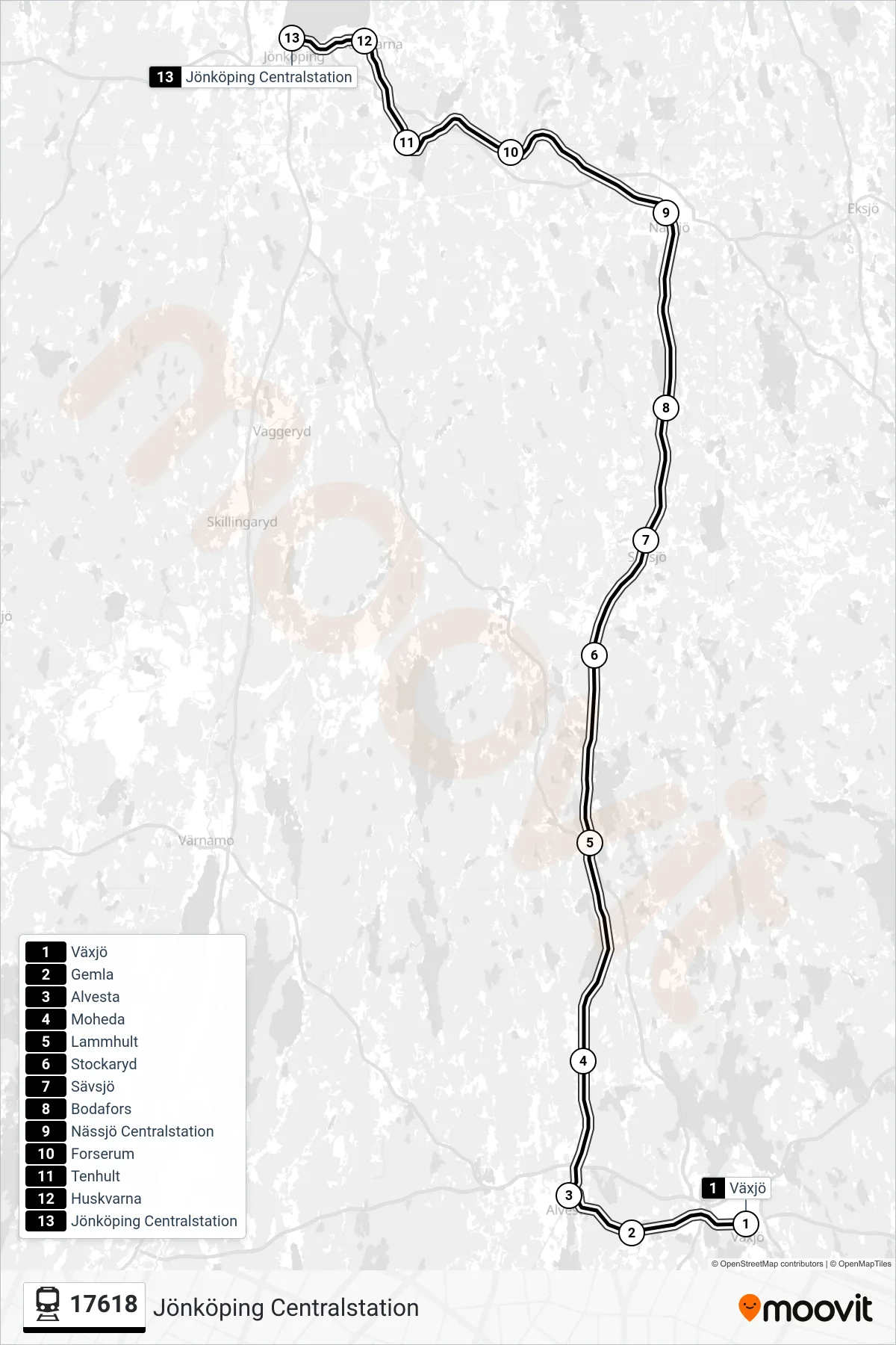 Rutt och hållplatser på karta för linje 17618 tåg, (Jönköping Centralstation)