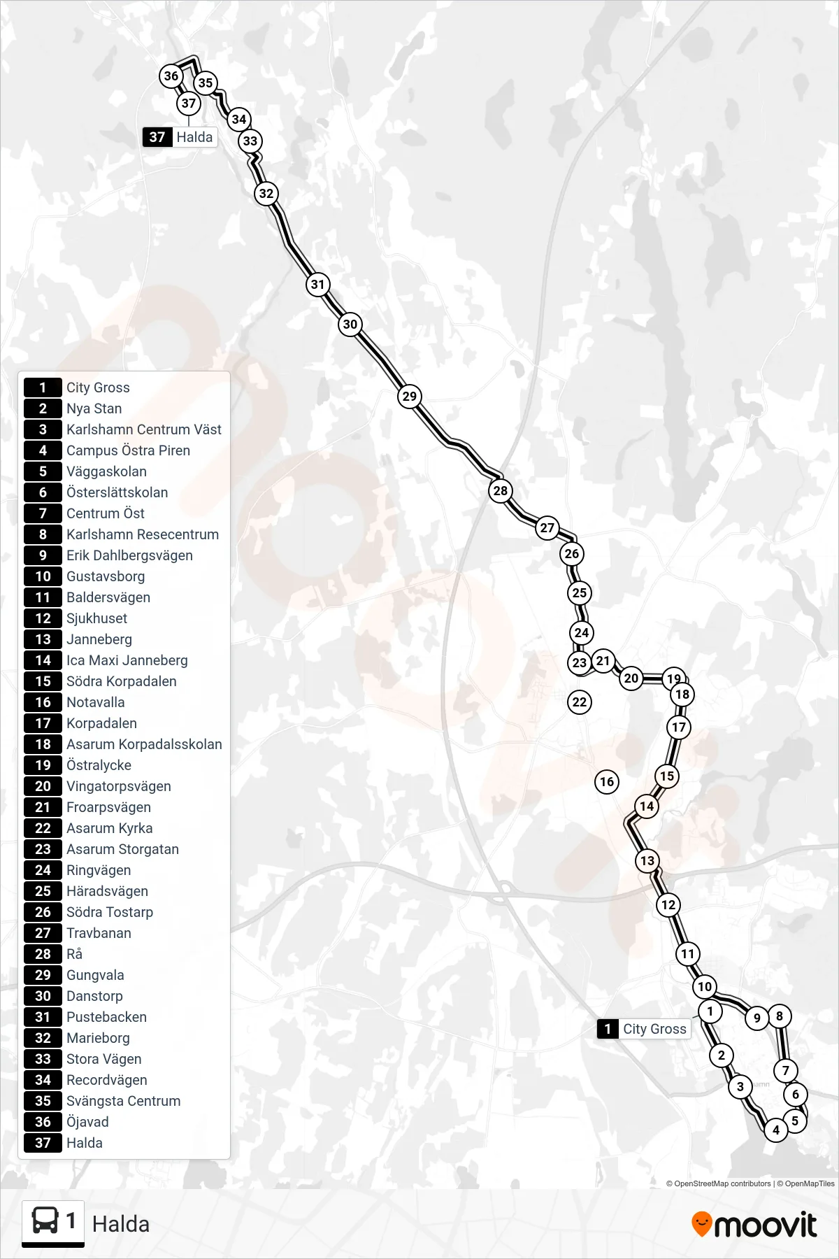 Rutt och hållplatser på karta för linje 1 spårvagn, (Halda)