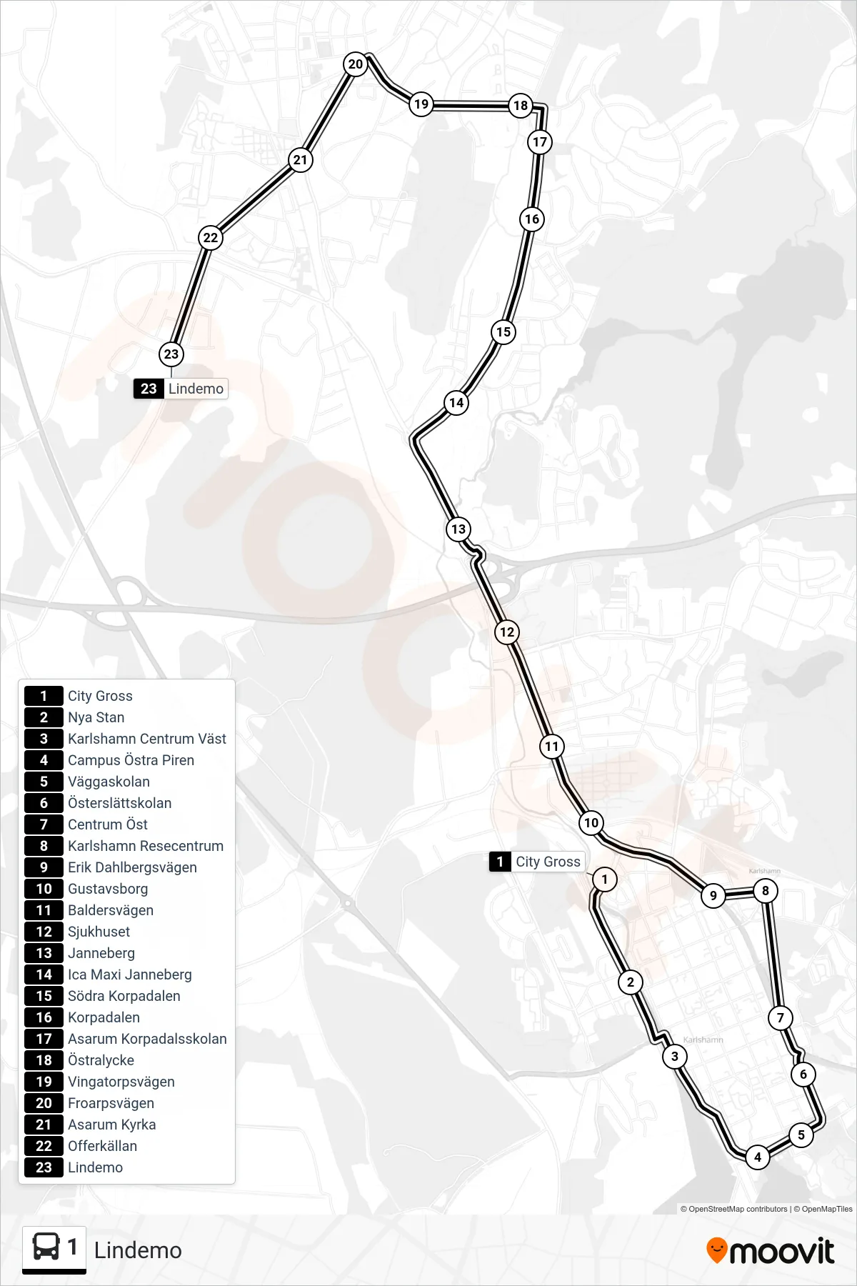 Rutt och hållplatser på karta för linje 1 spårvagn, (Lindemo)