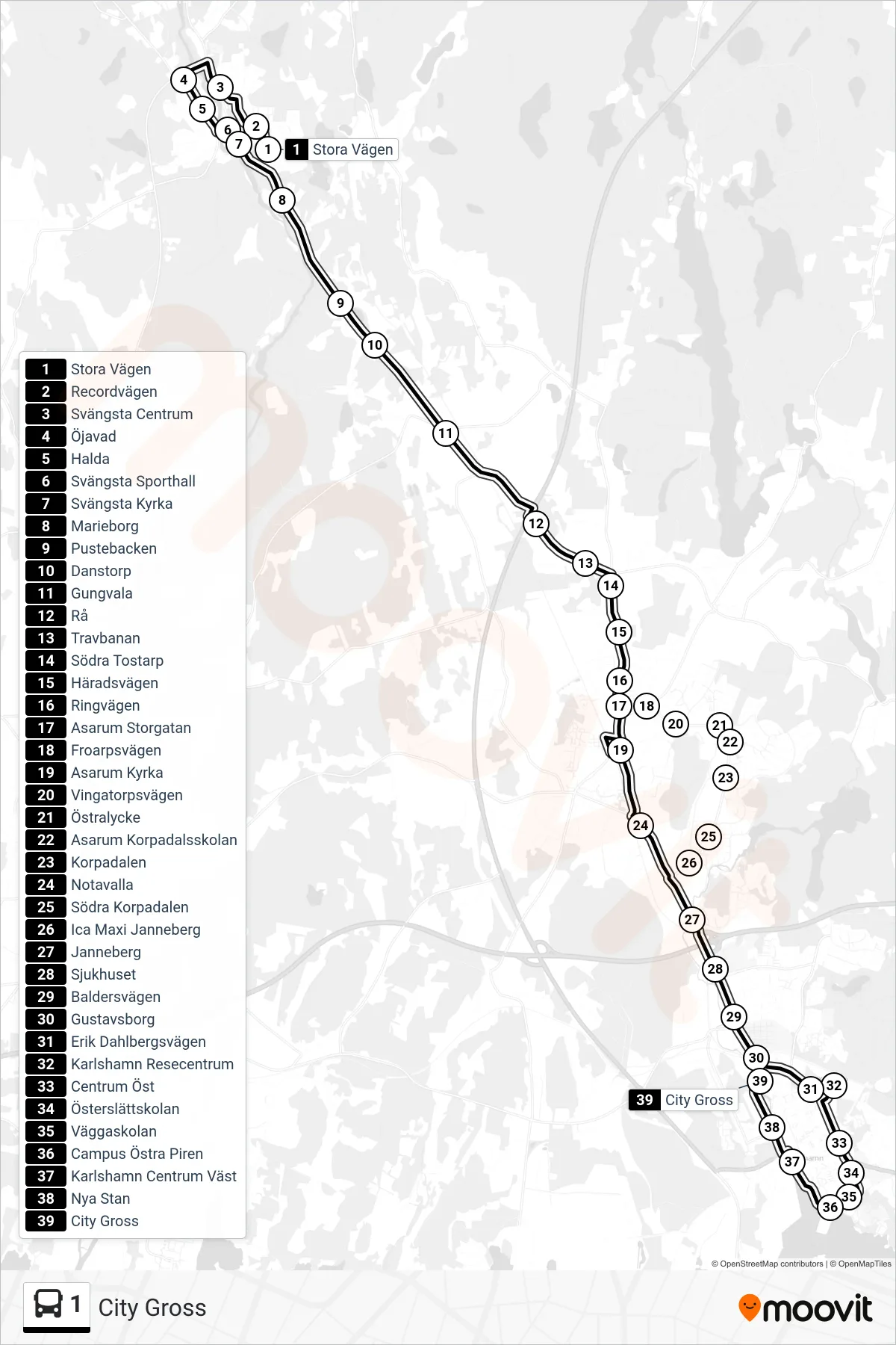 Rutt och hållplatser på karta för linje 1  spårvagn, (City Gross)