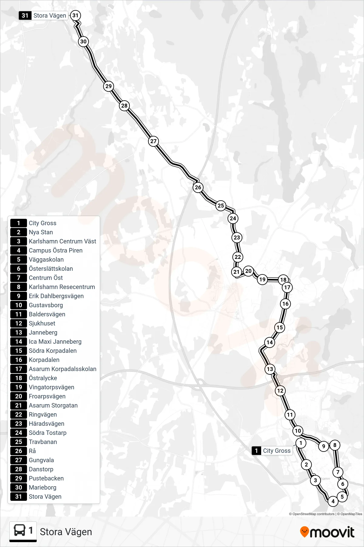 Rutt och hållplatser på karta för linje 1 spårvagn, (Stora Vägen)