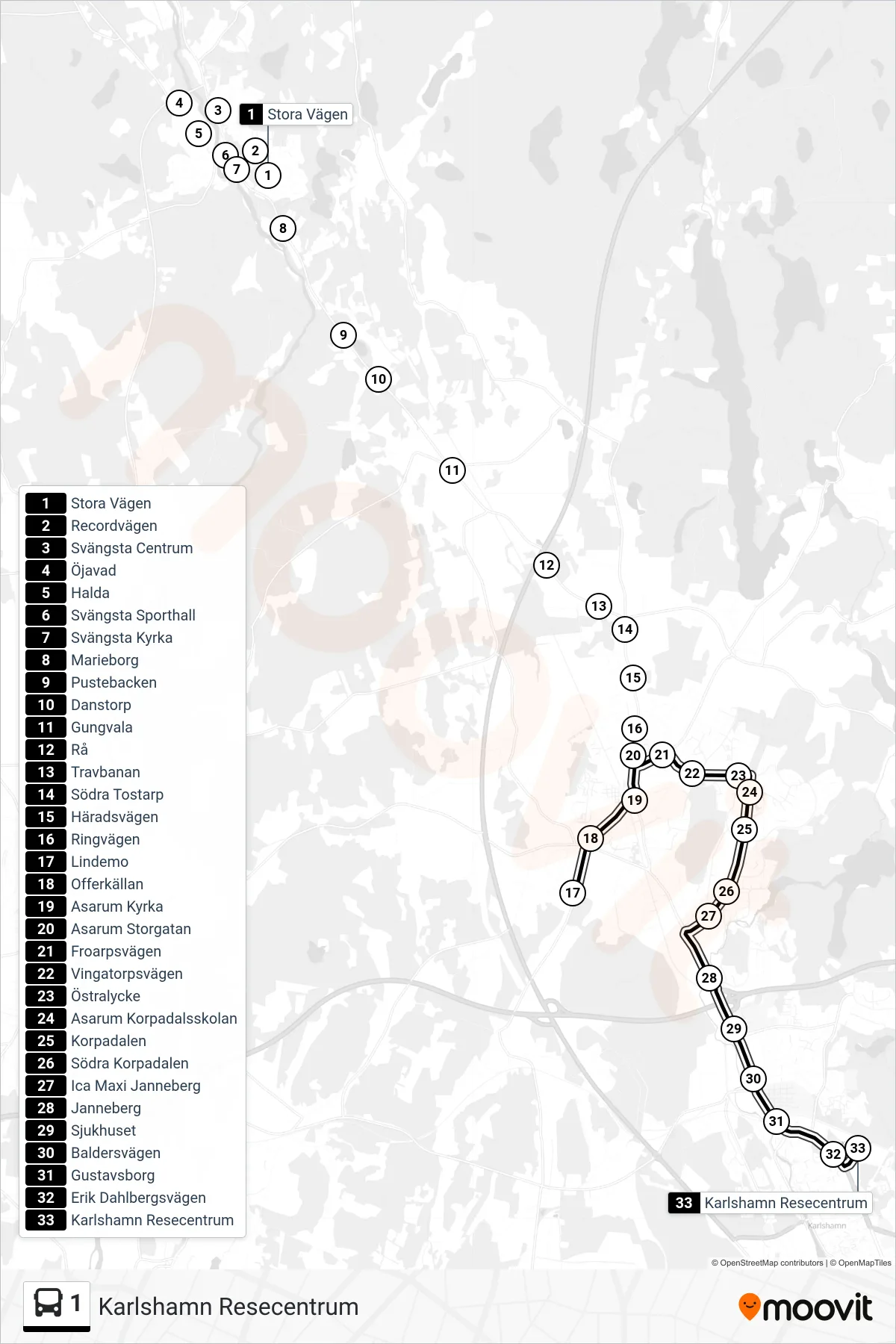 Rutt och hållplatser på karta för linje 1  spårvagn, (Karlshamn Resecentrum)