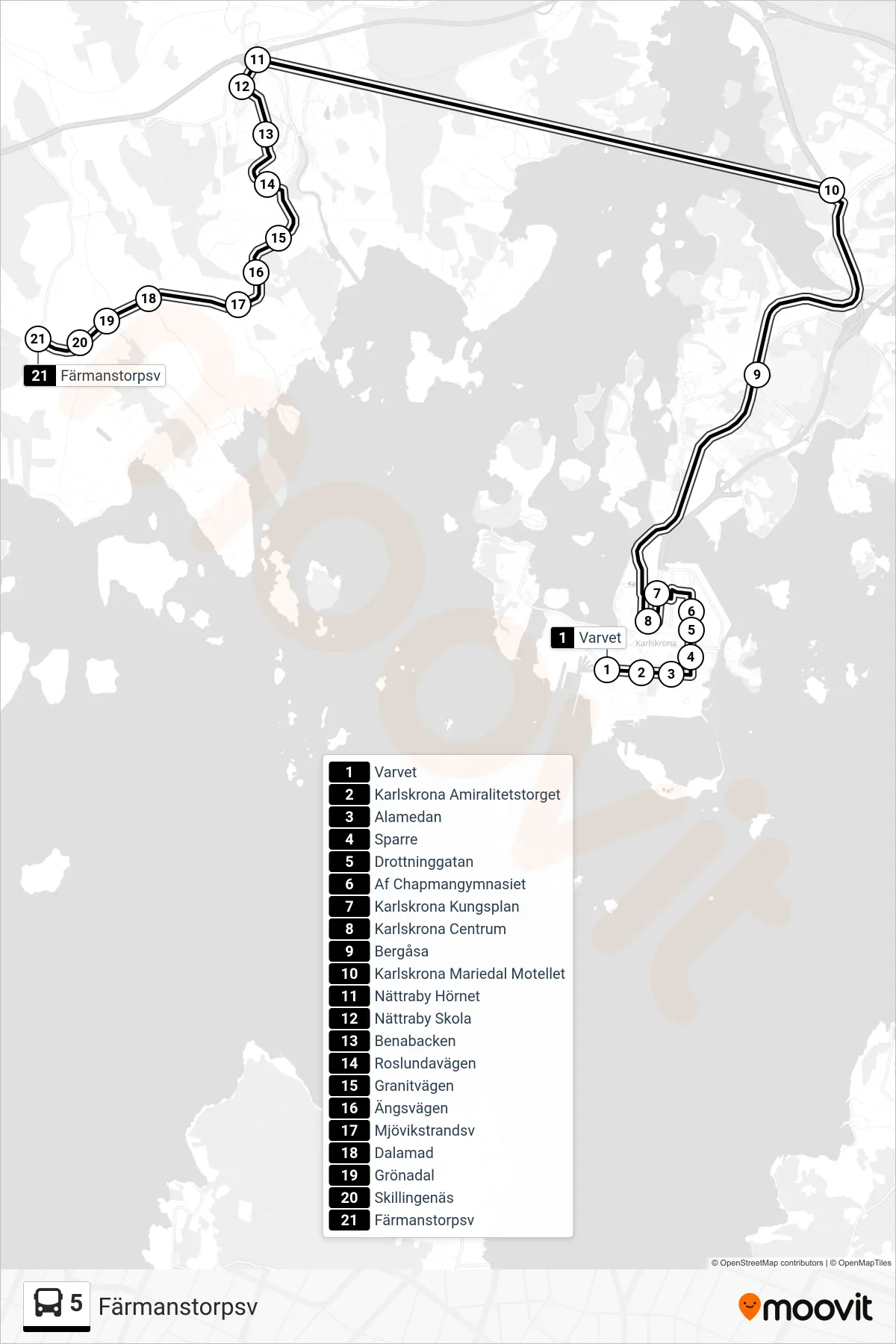 Rutt och hållplatser på karta för linje 5 spårvagn, (Färmanstorpsv)