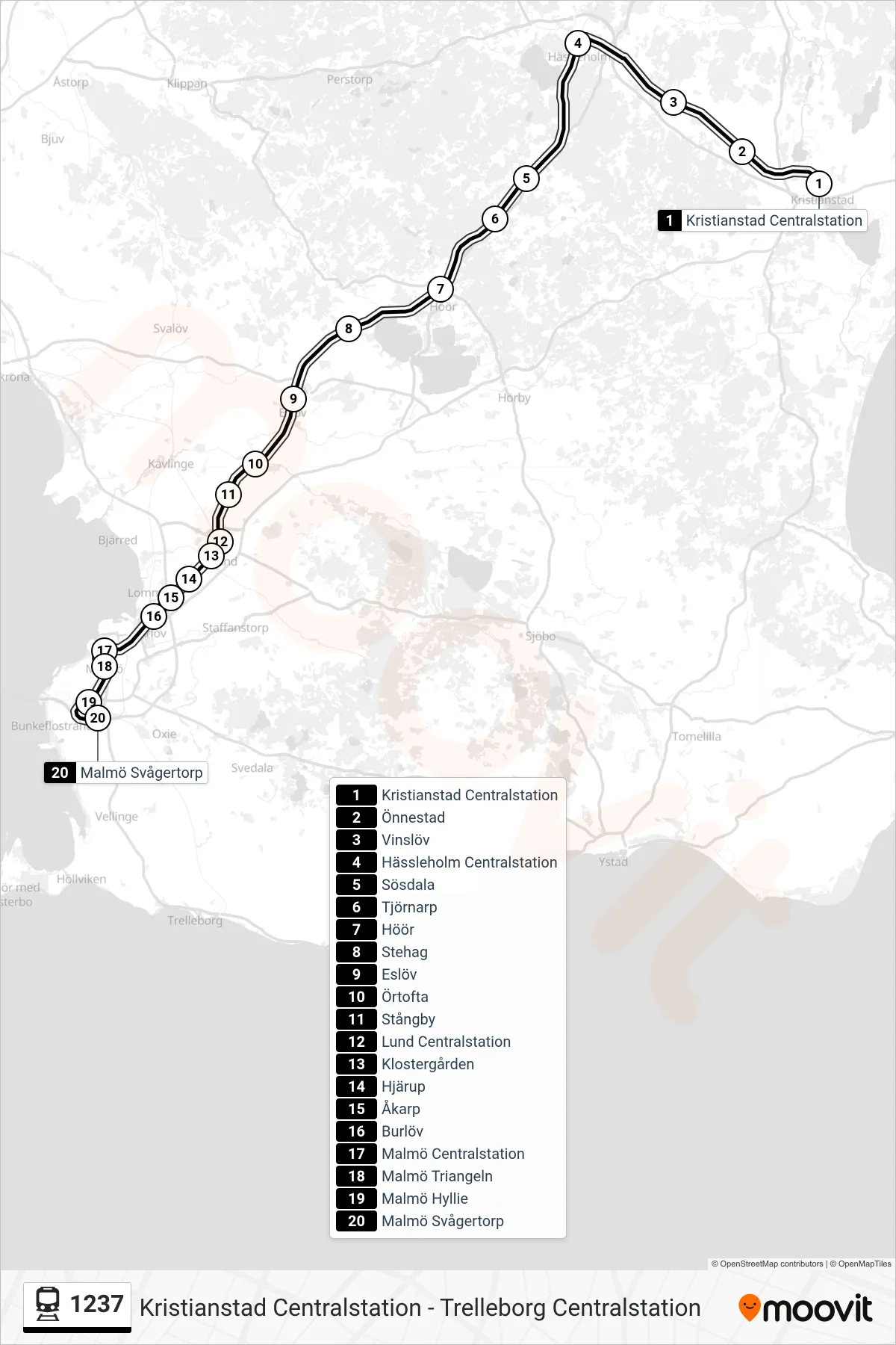 Rutt och hållplatser på karta för linje 1237 tåg, (Malmö Svågertorp Station)
