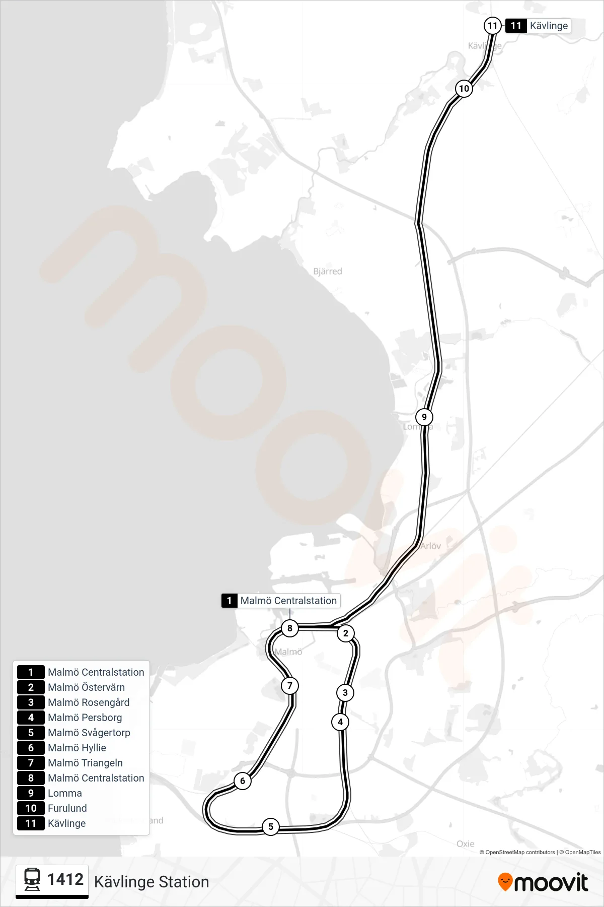 Rutt och hållplatser på karta för linje 1412 tåg, (Kävlinge Station)