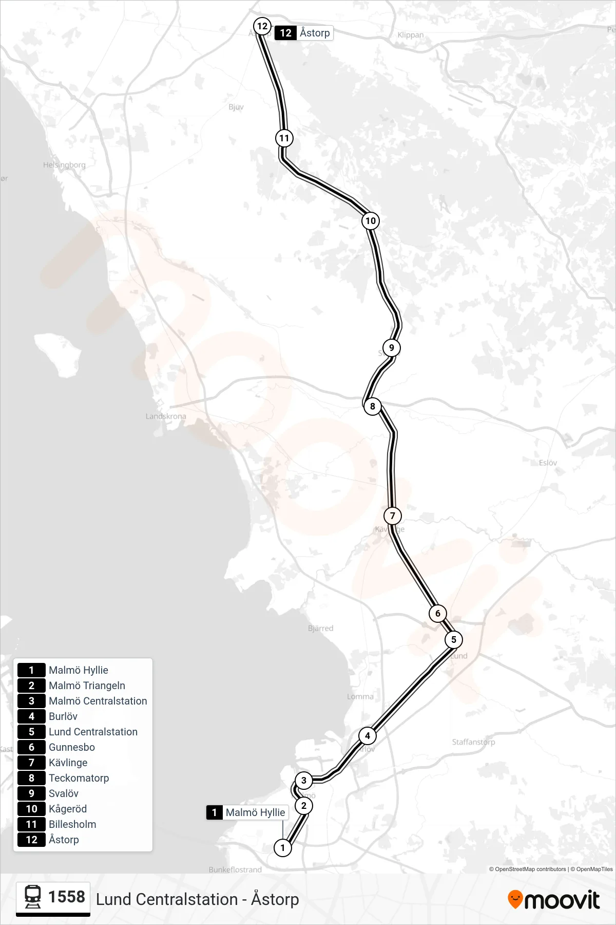 Rutt och hållplatser på karta för linje 1558  tåg, (Åstorp Station)