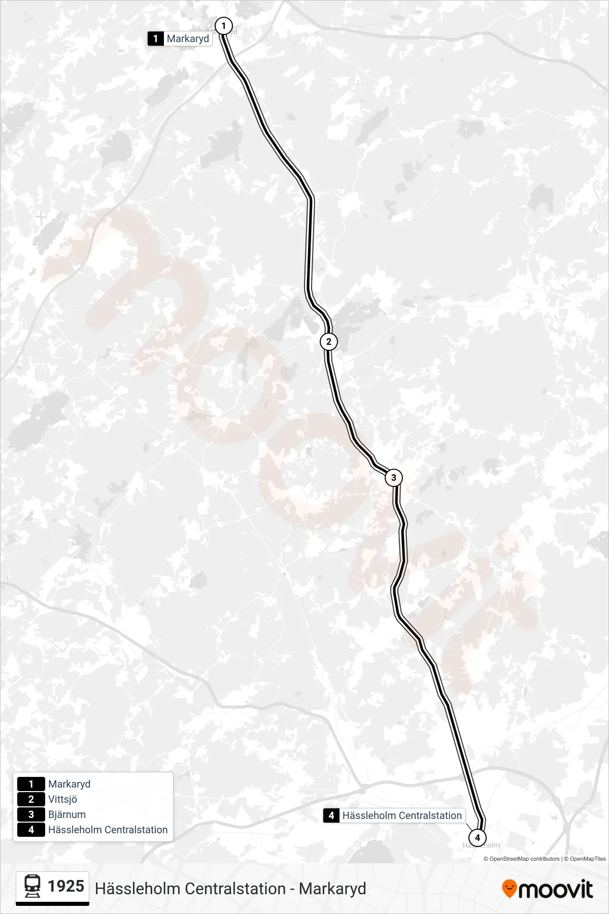 Rutt och hållplatser på karta för linje 1925  tåg, (Hässleholm Centralstation)