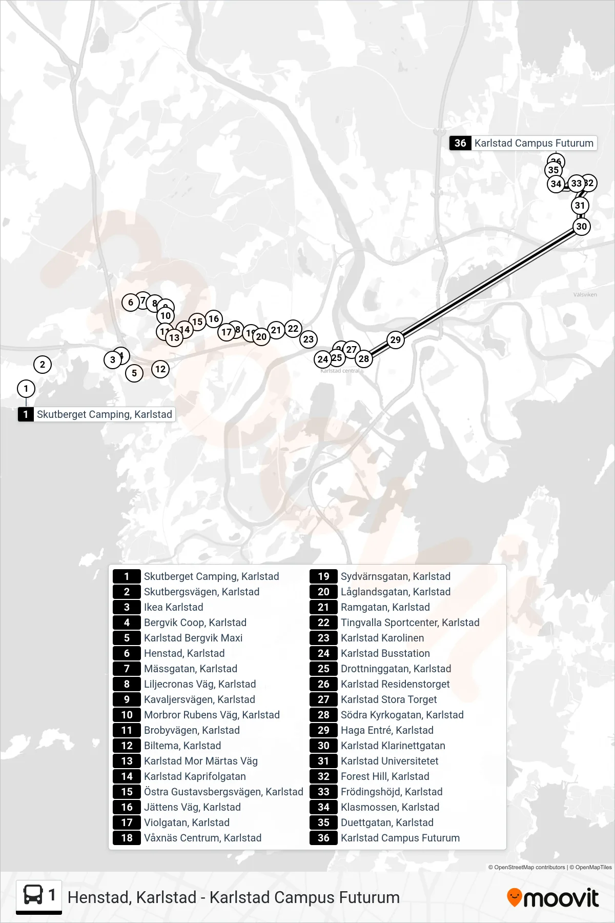 Rutt och hållplatser på karta för linje 1  buss, (Karlstad Campus Futurum)