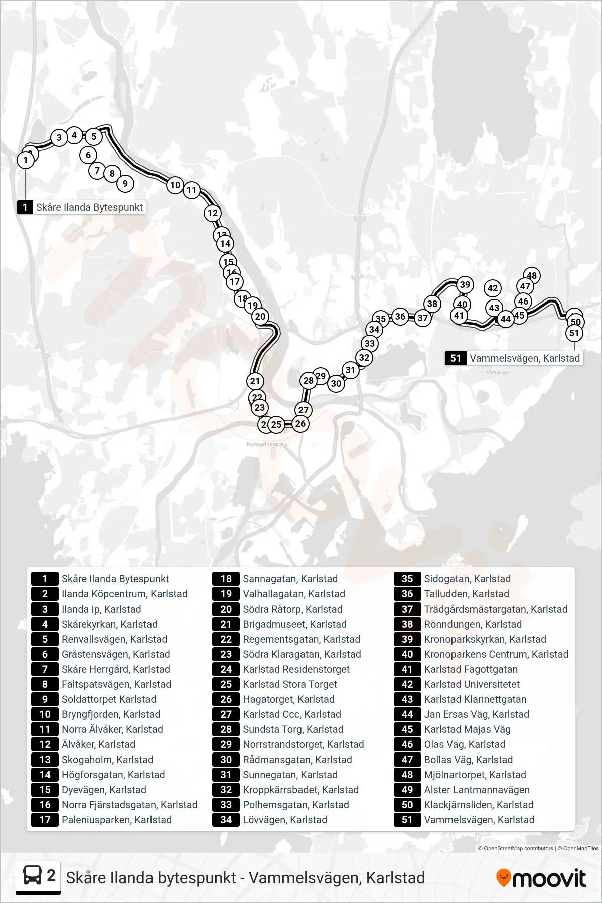 Rutt och hållplatser på karta för linje 2 buss, (Vammelsvägen, Karlstad)