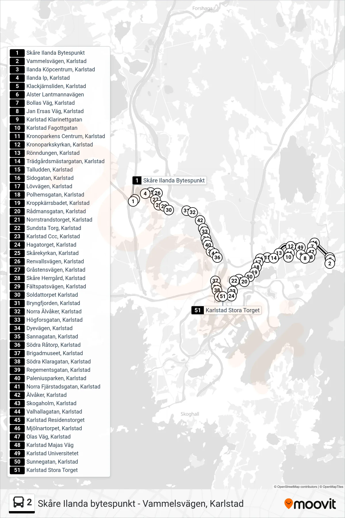 Rutt och hållplatser på karta för linje 2 buss, (Karlstad Stora Torget)