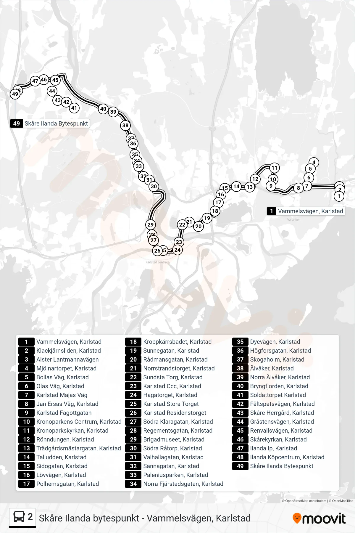 Rutt och hållplatser på karta för linje 2 buss, (Skåre Ilanda Bytespunkt)