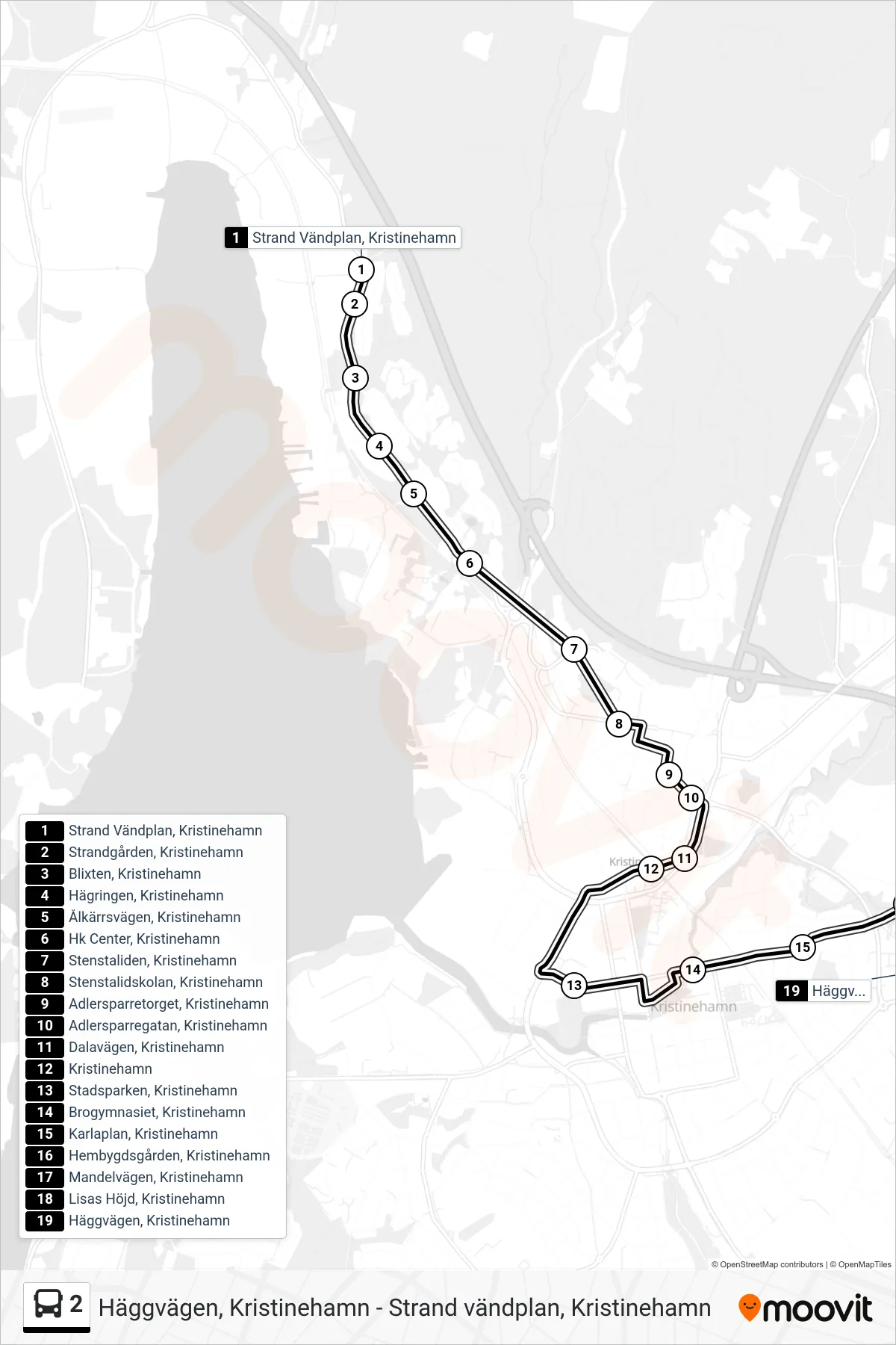 Rutt och hållplatser på karta för linje 2 buss, (Häggvägen, Kristinehamn)