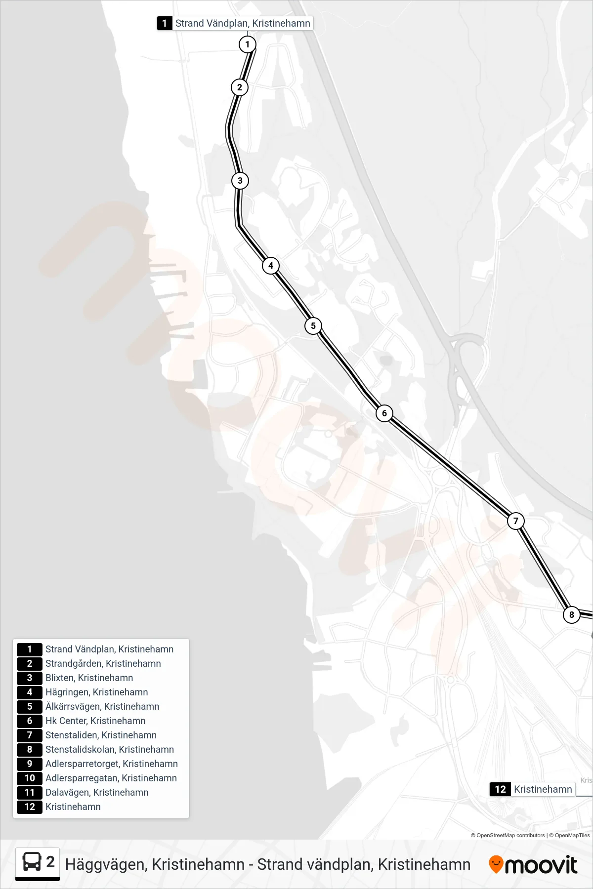 Rutt och hållplatser på karta för linje 2 buss, (Kristinehamn Station)