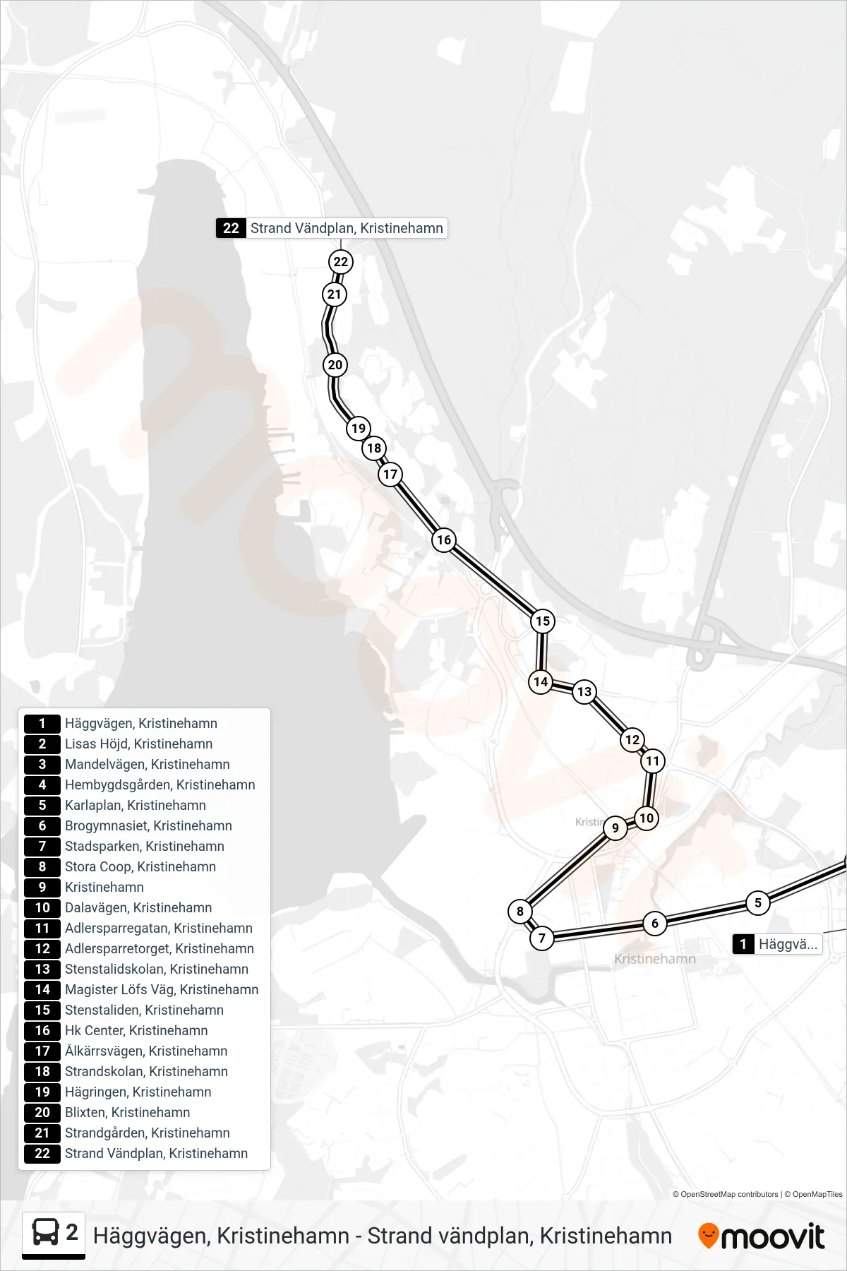 Rutt och hållplatser på karta för linje 2  buss, (Strand Vändplan, Kristinehamn)