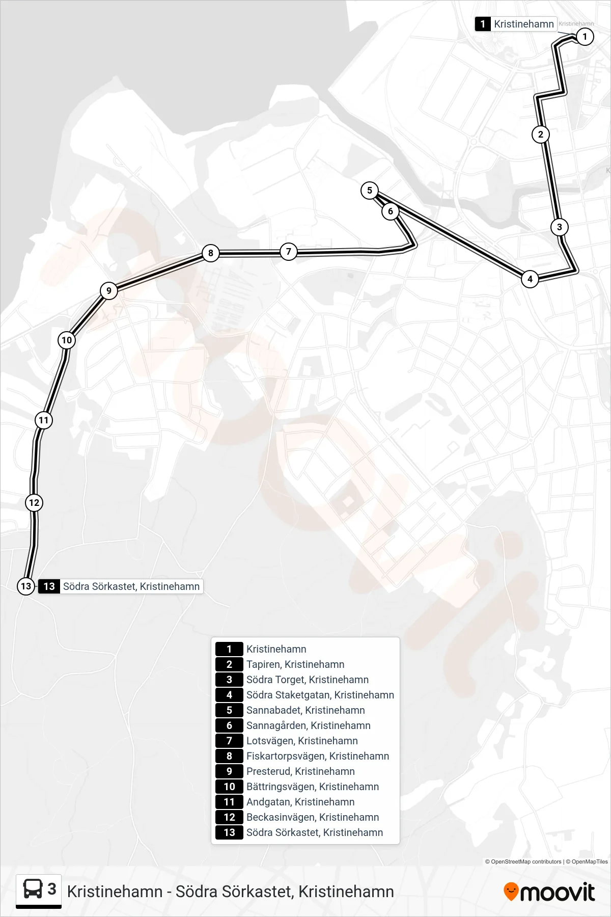 Rutt och hållplatser på karta för linje 3  buss, (Södra Sörkastet, Kristinehamn)