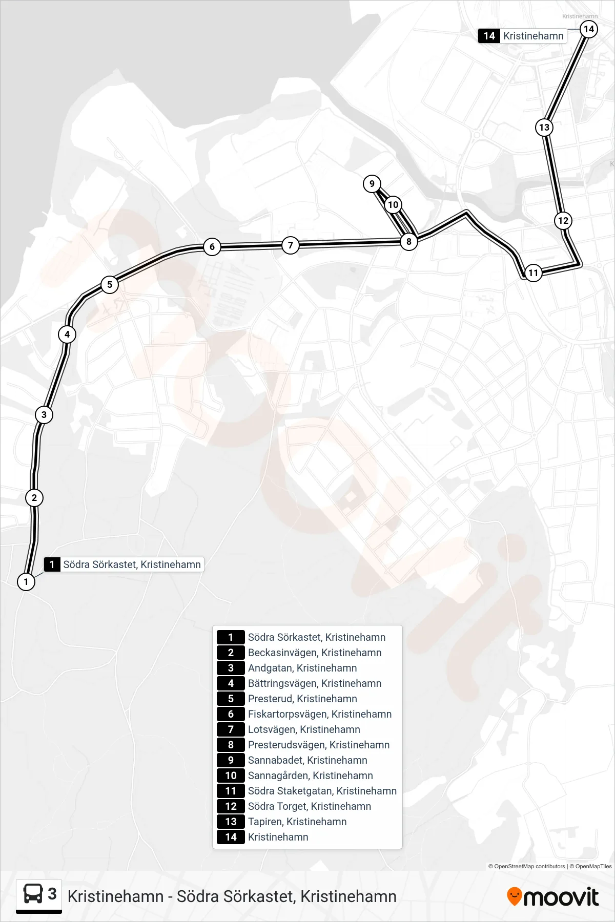 Rutt och hållplatser på karta för linje 3 buss, (Kristinehamn Station)
