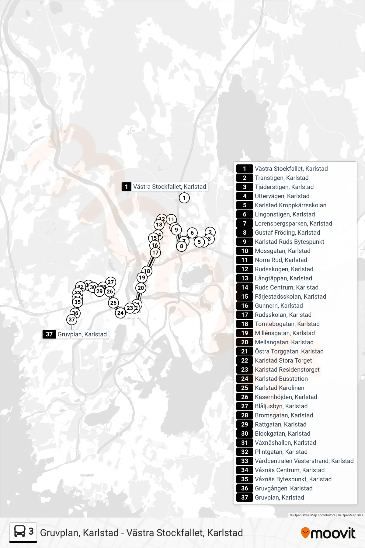 Rutt och hållplatser på karta för linje 3 buss, (Gruvplan, Karlstad)