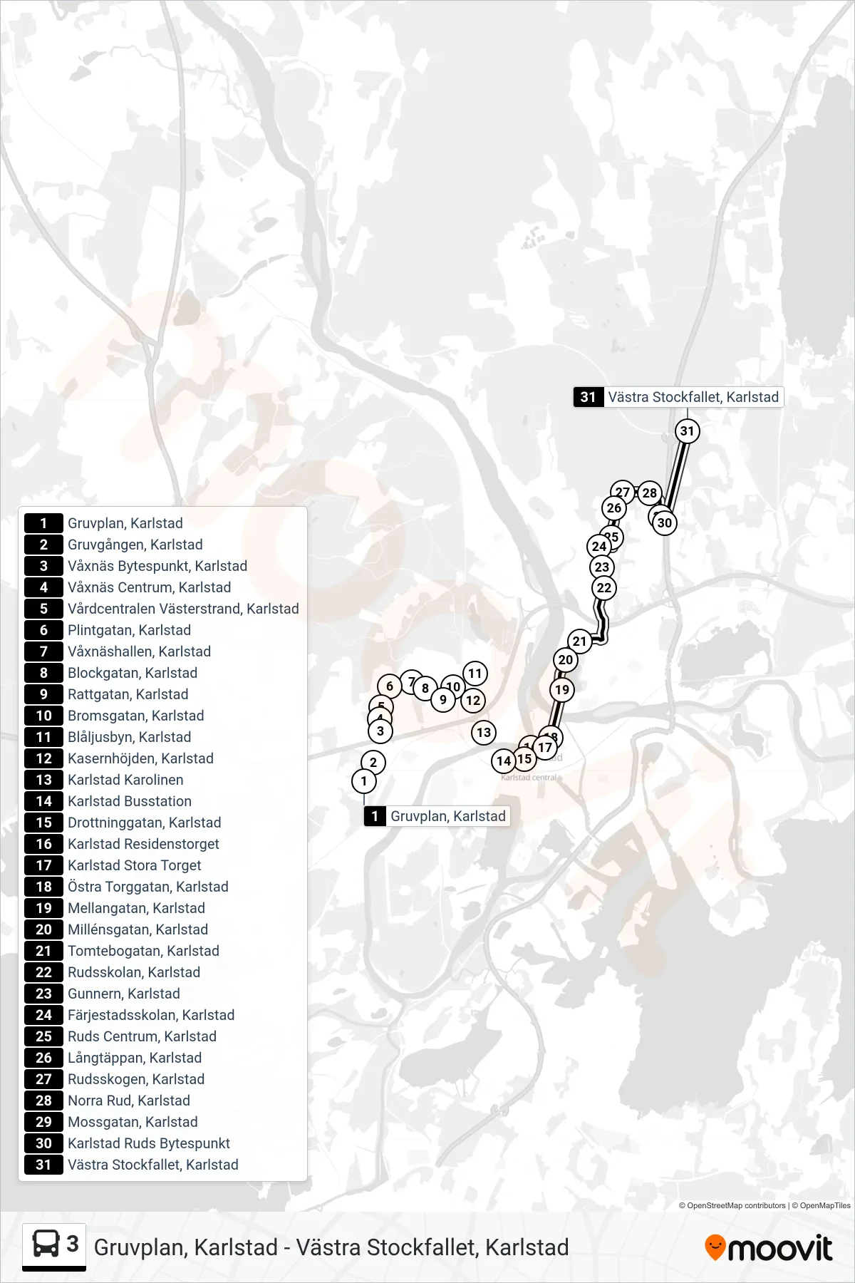 Rutt och hållplatser på karta för linje 3 buss, (Västra Stockfallet, Karlstad)