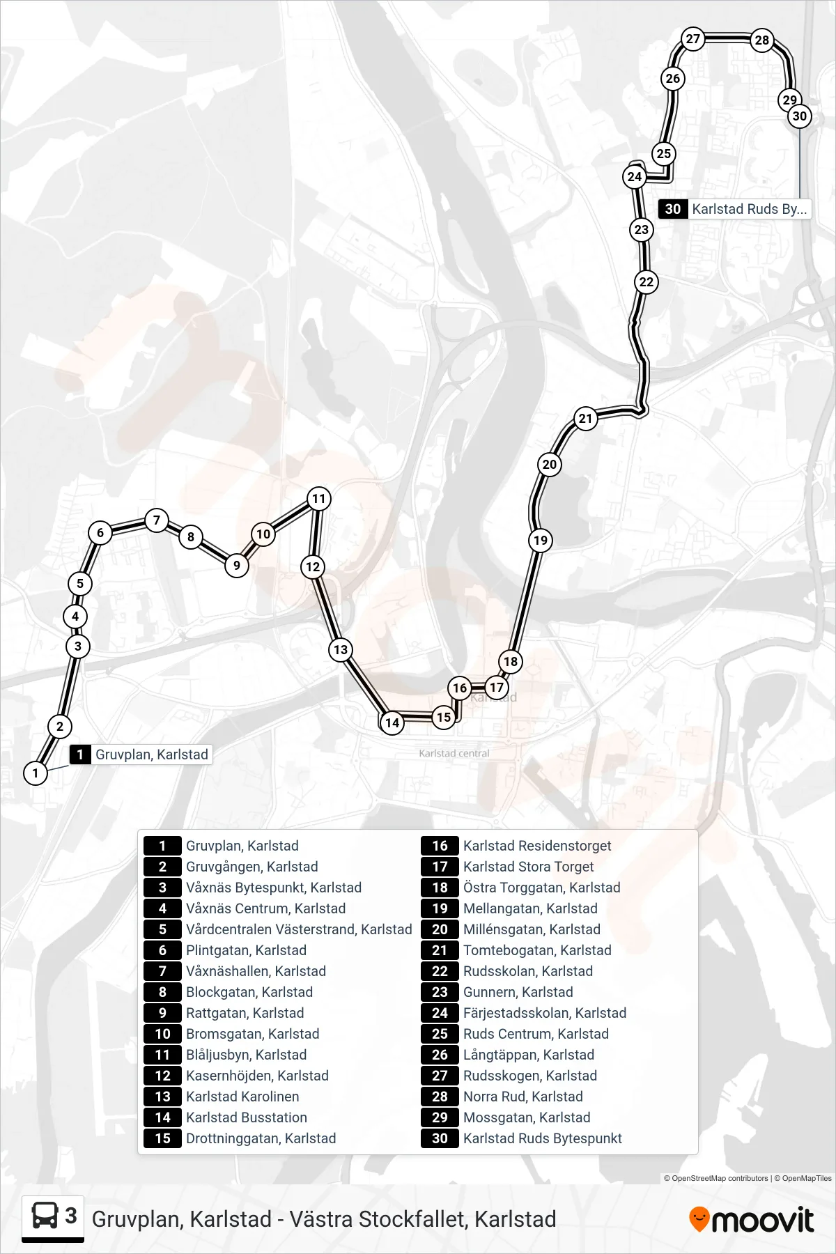Rutt och hållplatser på karta för linje 3 buss, (Karlstad Ruds Bytespunkt)