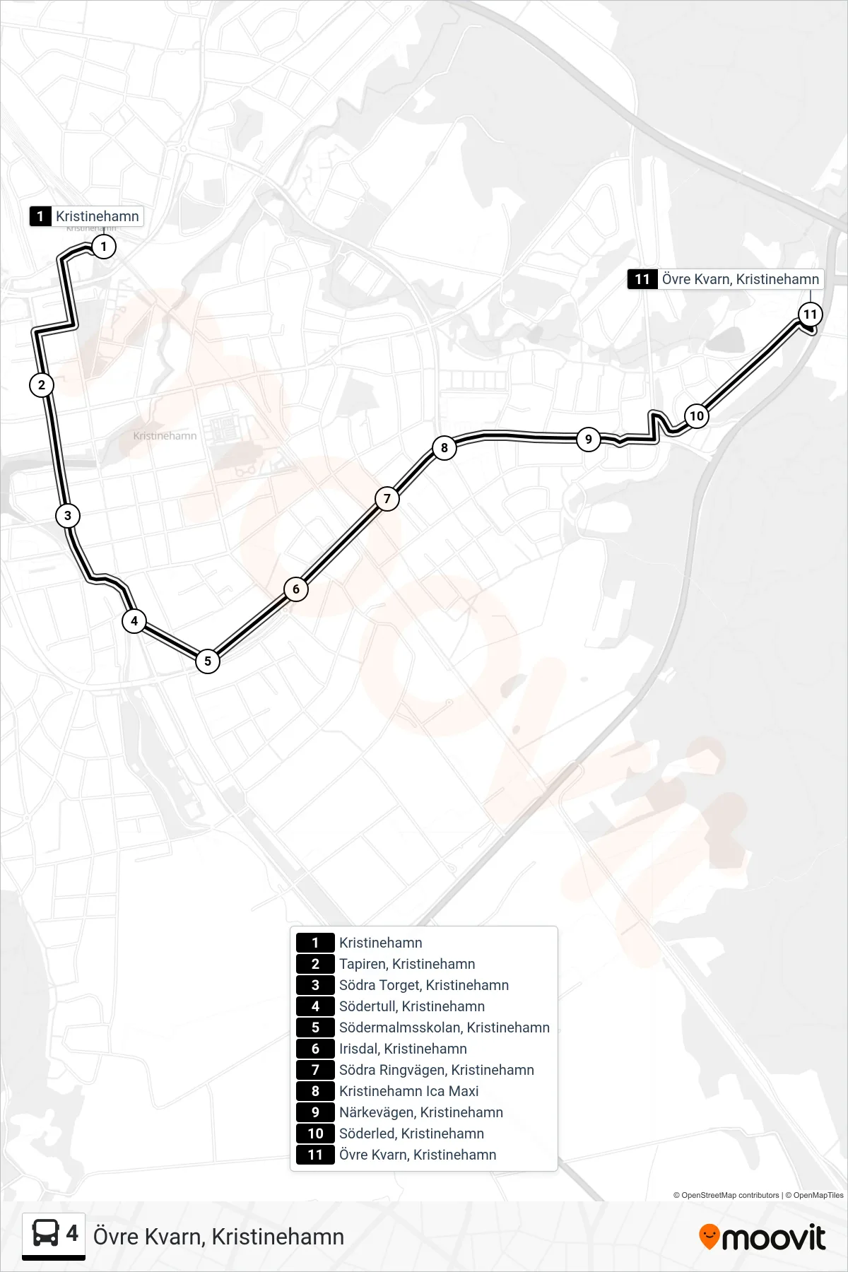 Rutt och hållplatser på karta för linje 4 buss, (Övre Kvarn, Kristinehamn)
