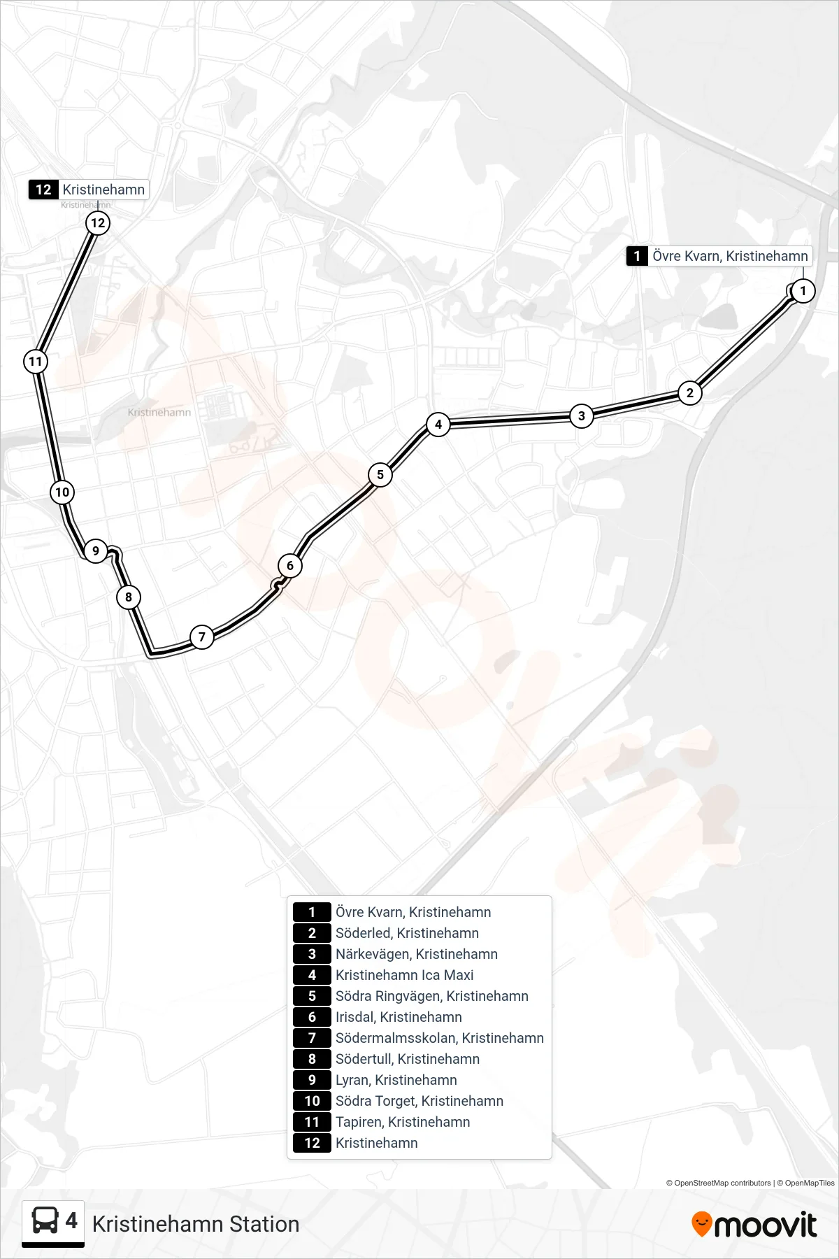 Rutt och hållplatser på karta för linje 4 buss, (Kristinehamn Station)