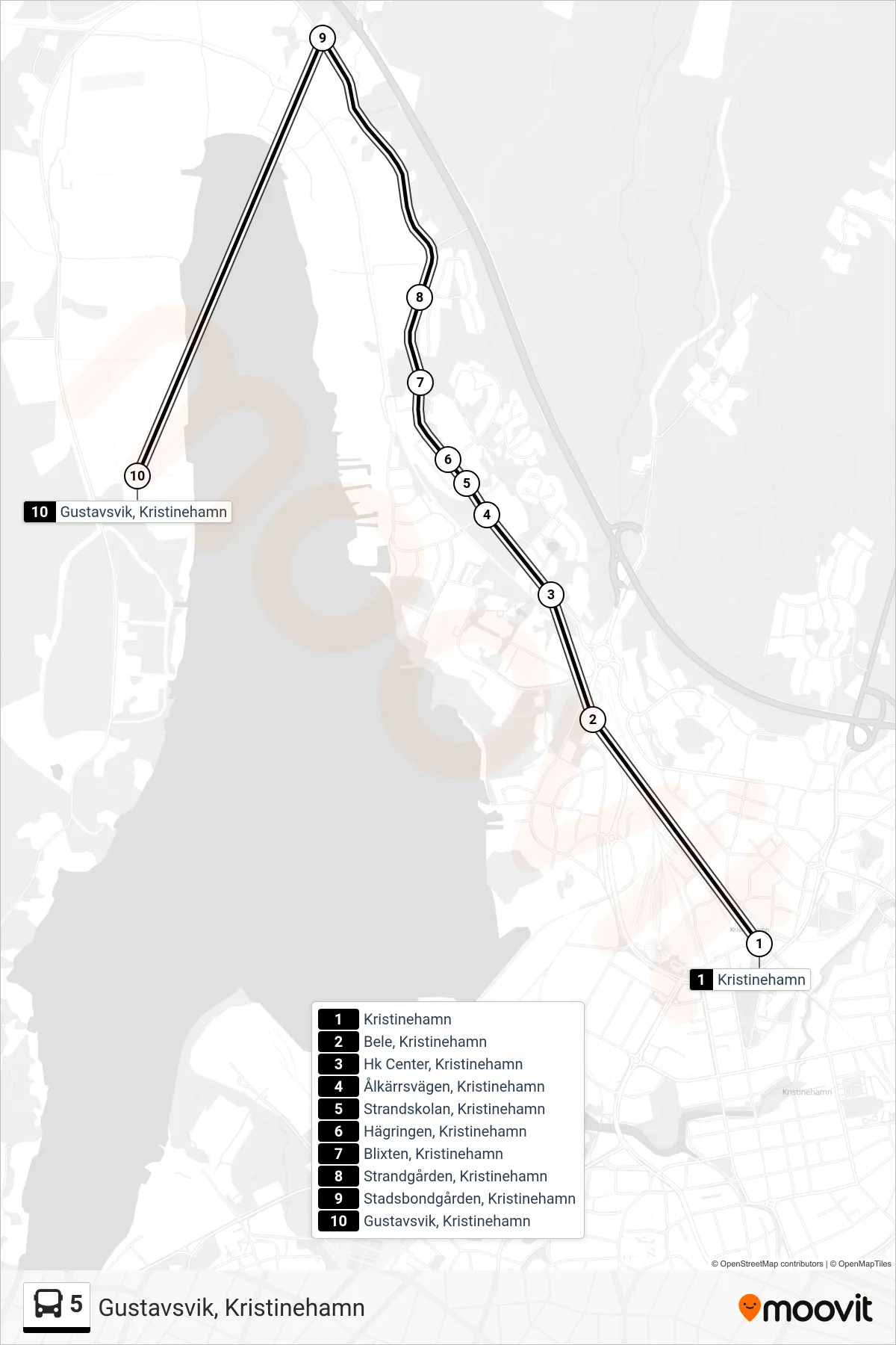 Rutt och hållplatser på karta för linje 5  buss, (Gustavsvik, Kristinehamn)