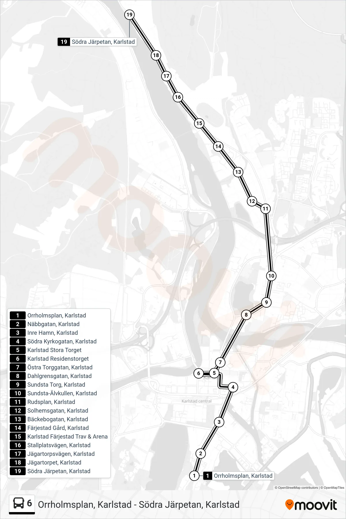 Rutt och hållplatser på karta för linje 6 buss, (Södra Järpetan, Karlstad)