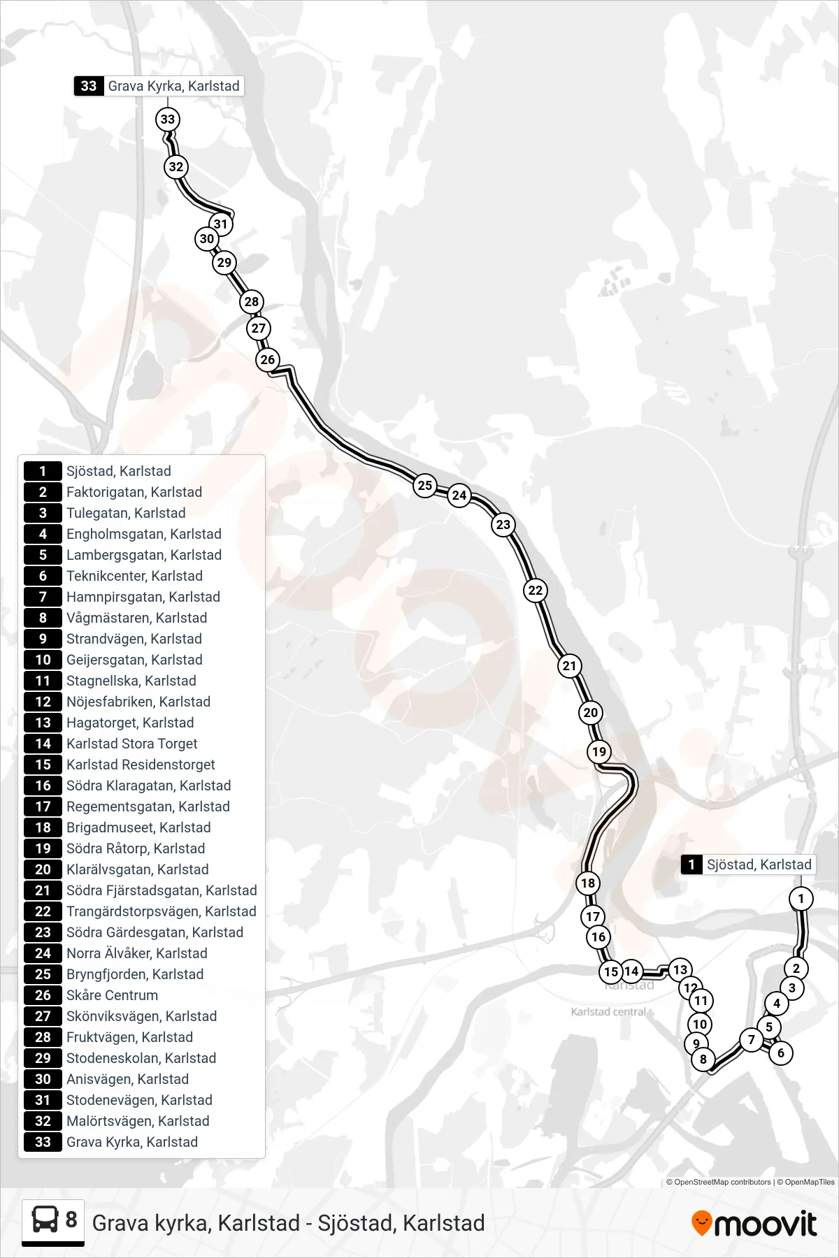 Rutt och hållplatser på karta för linje 8  buss, (Grava Kyrka, Karlstad)