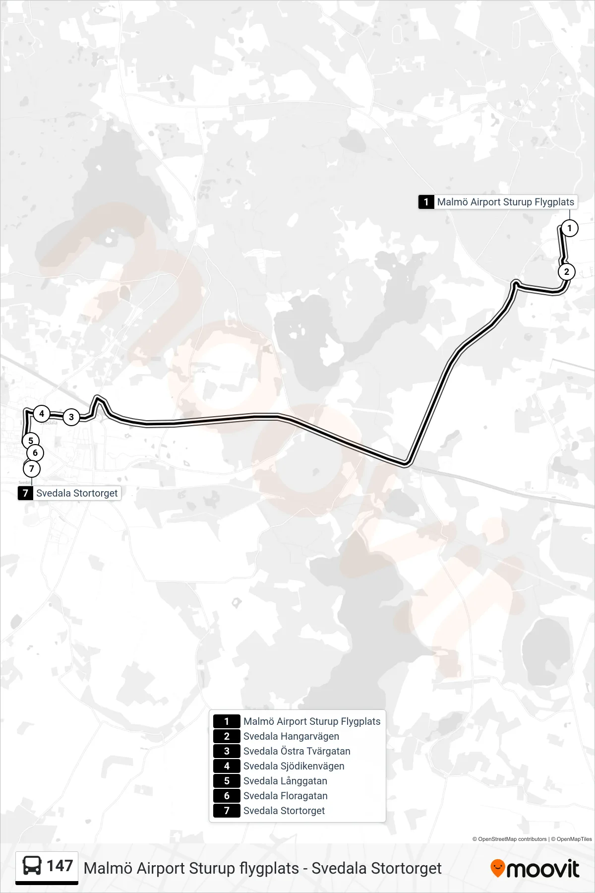 Rutt och hållplatser på karta för linje 147 buss, (Svedala Stortorget)