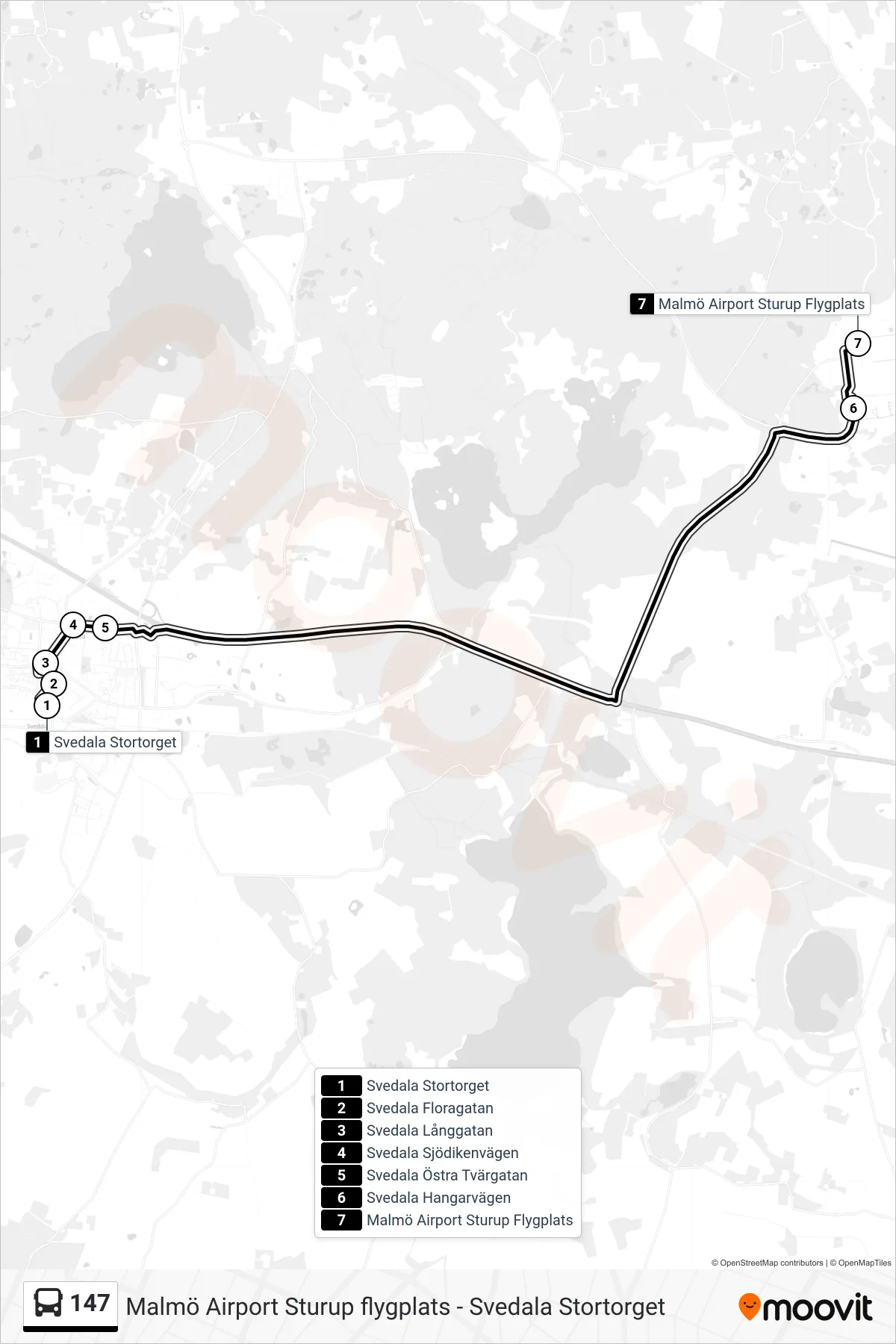 Rutt och hållplatser på karta för linje 147 buss, (Malmö Airport Sturup Flygplats)