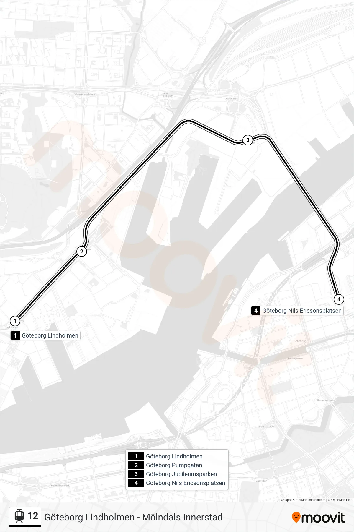 Rutt och hållplatser på karta för linje 12 spårväg, (Göteborg Nils Ericsonsplatsen)