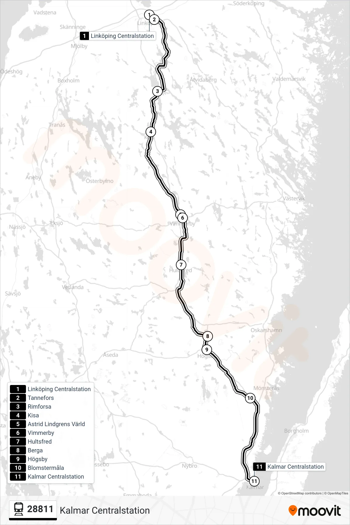 Rutt och hållplatser på karta för linje 28811  spårvagn, (Kalmar Centralstation)