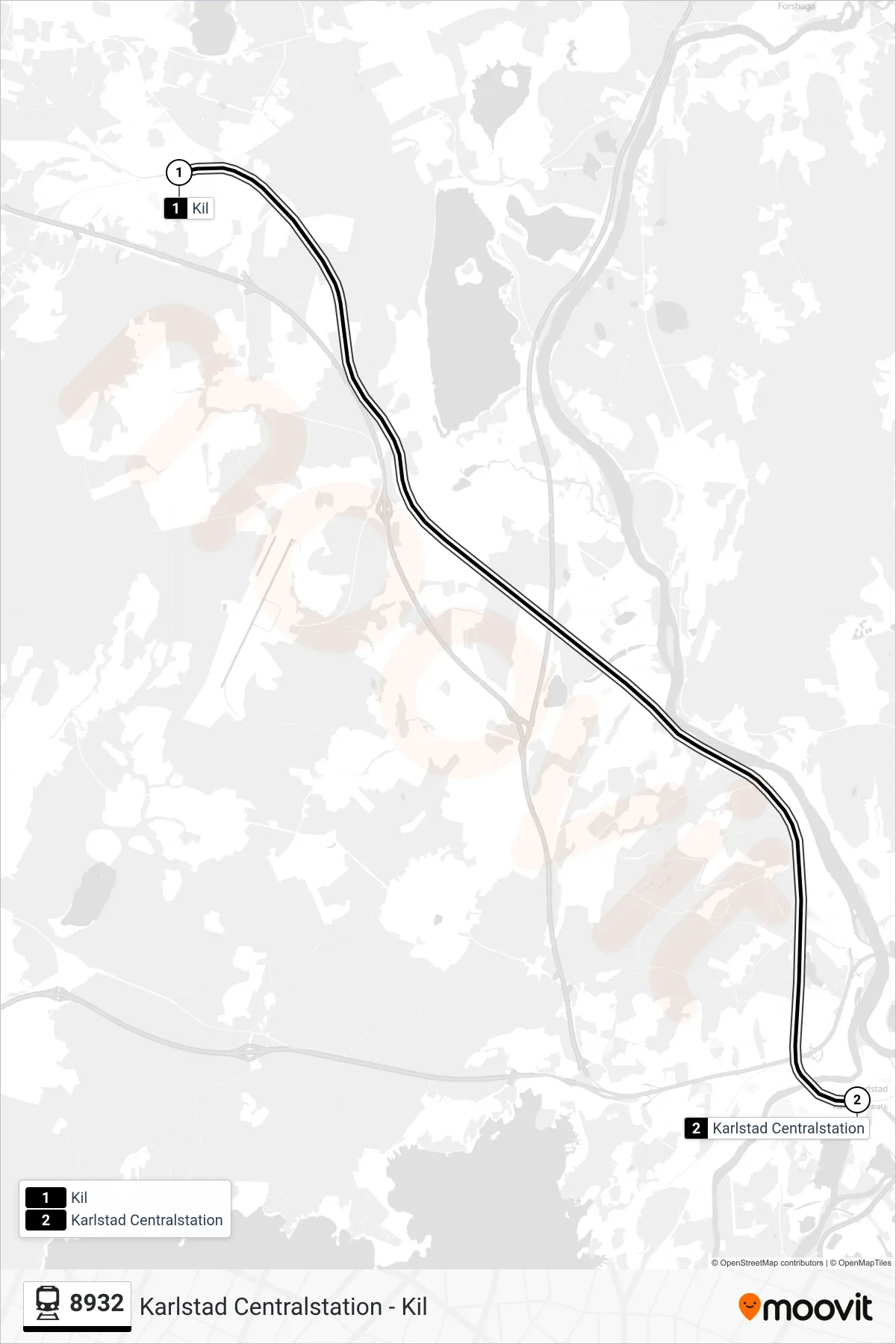 Rutt och hållplatser på karta för linje 8932 järnväg, (Karlstad Centralstation)
