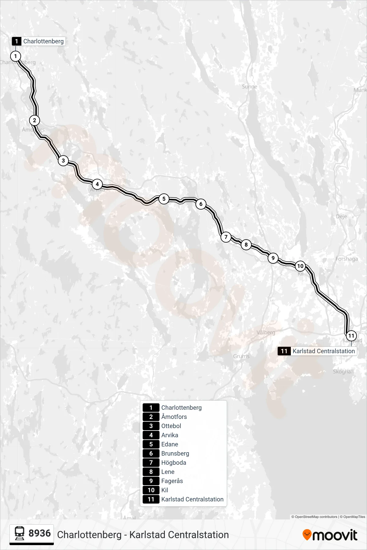 Rutt och hållplatser på karta för linje 8936 tåg, (Karlstad Centralstation)