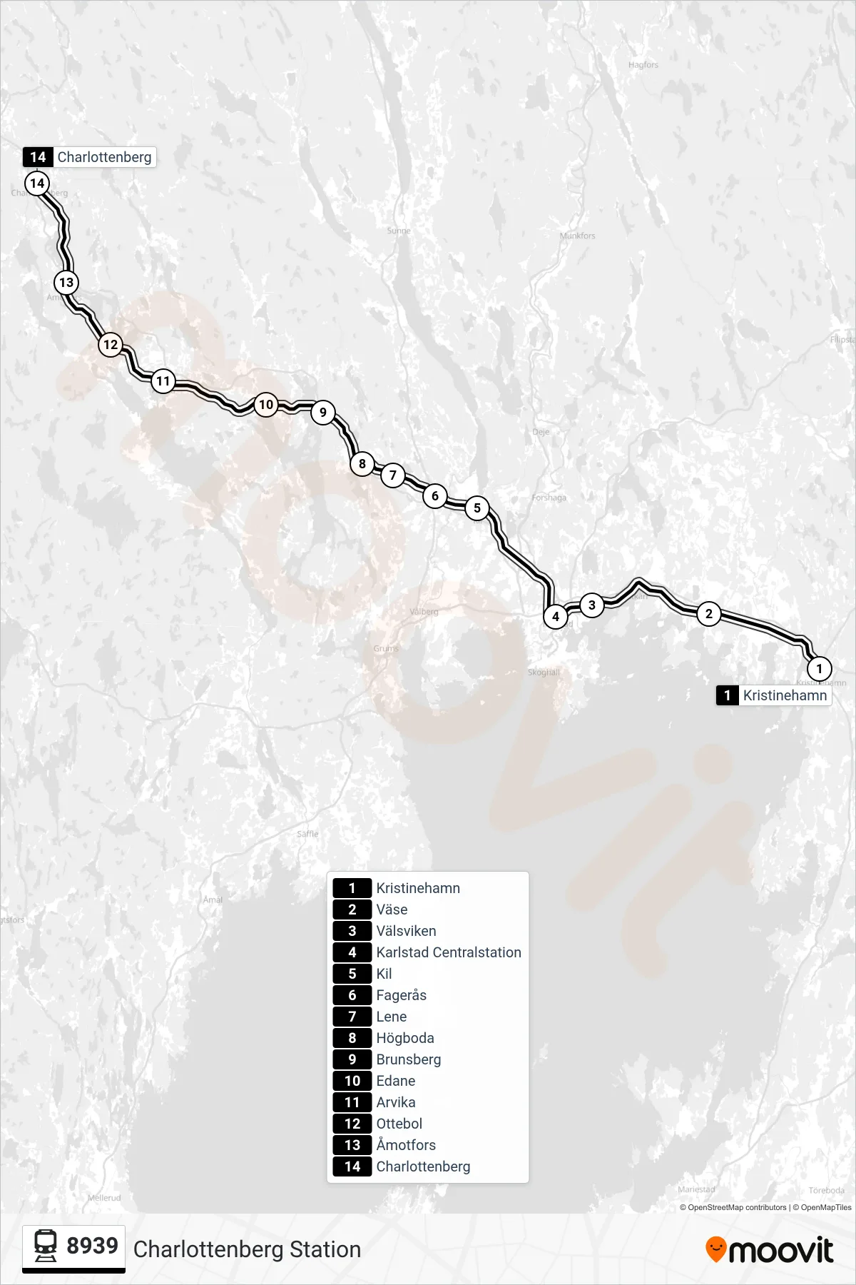 Rutt och hållplatser på karta för linje 8939 tåg, (Charlottenberg Station)