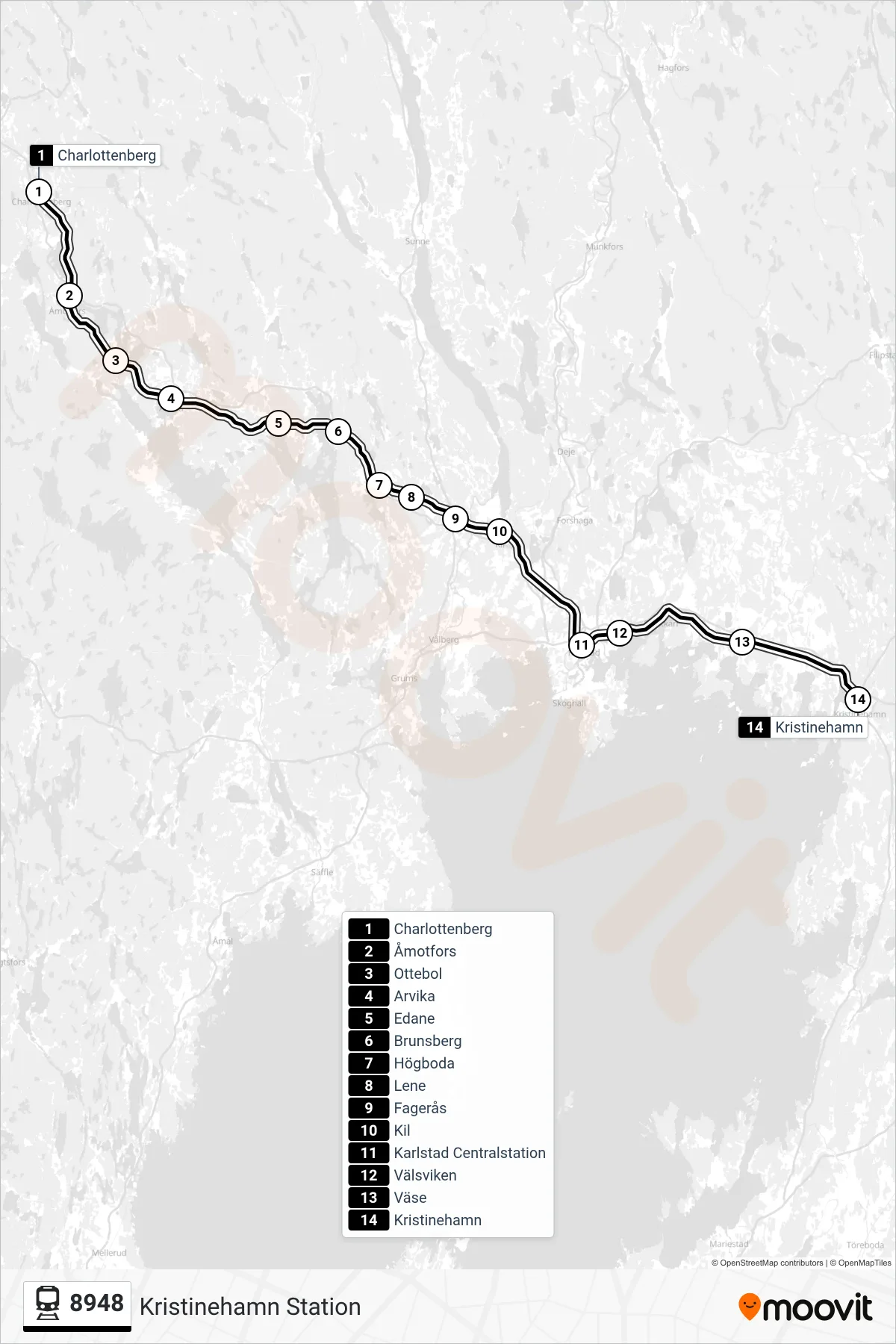 Rutt och hållplatser på karta för linje 8948 tåg, (Kristinehamn Station)