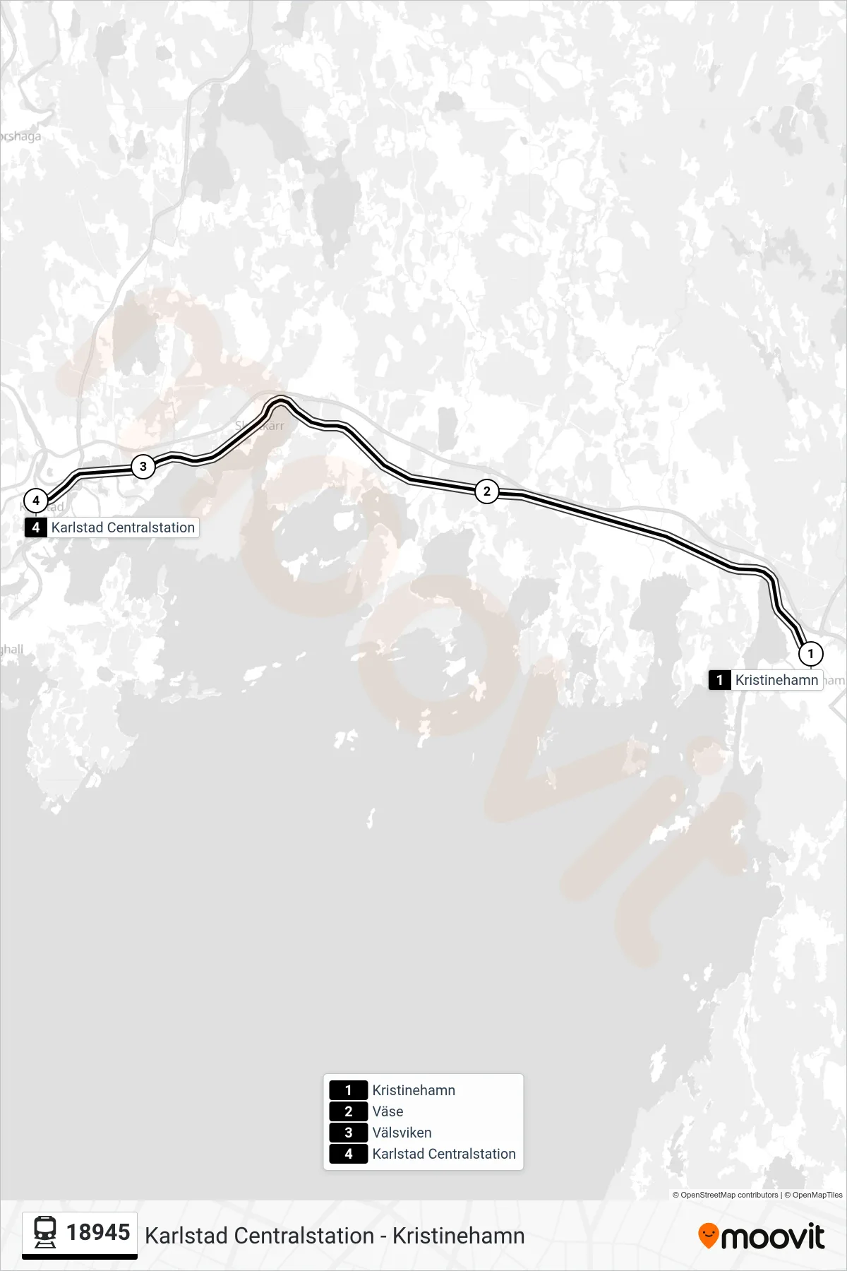 Rutt och hållplatser på karta för linje 18945  tåg, (Karlstad Centralstation)