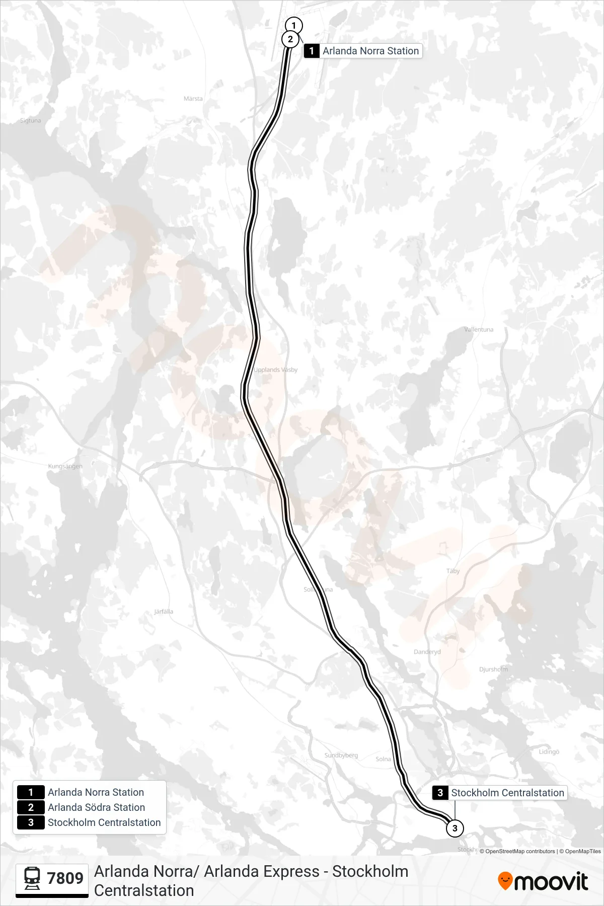 Rutt och hållplatser på karta för linje 7809  spårvagn, (Stockholm Centralstation)